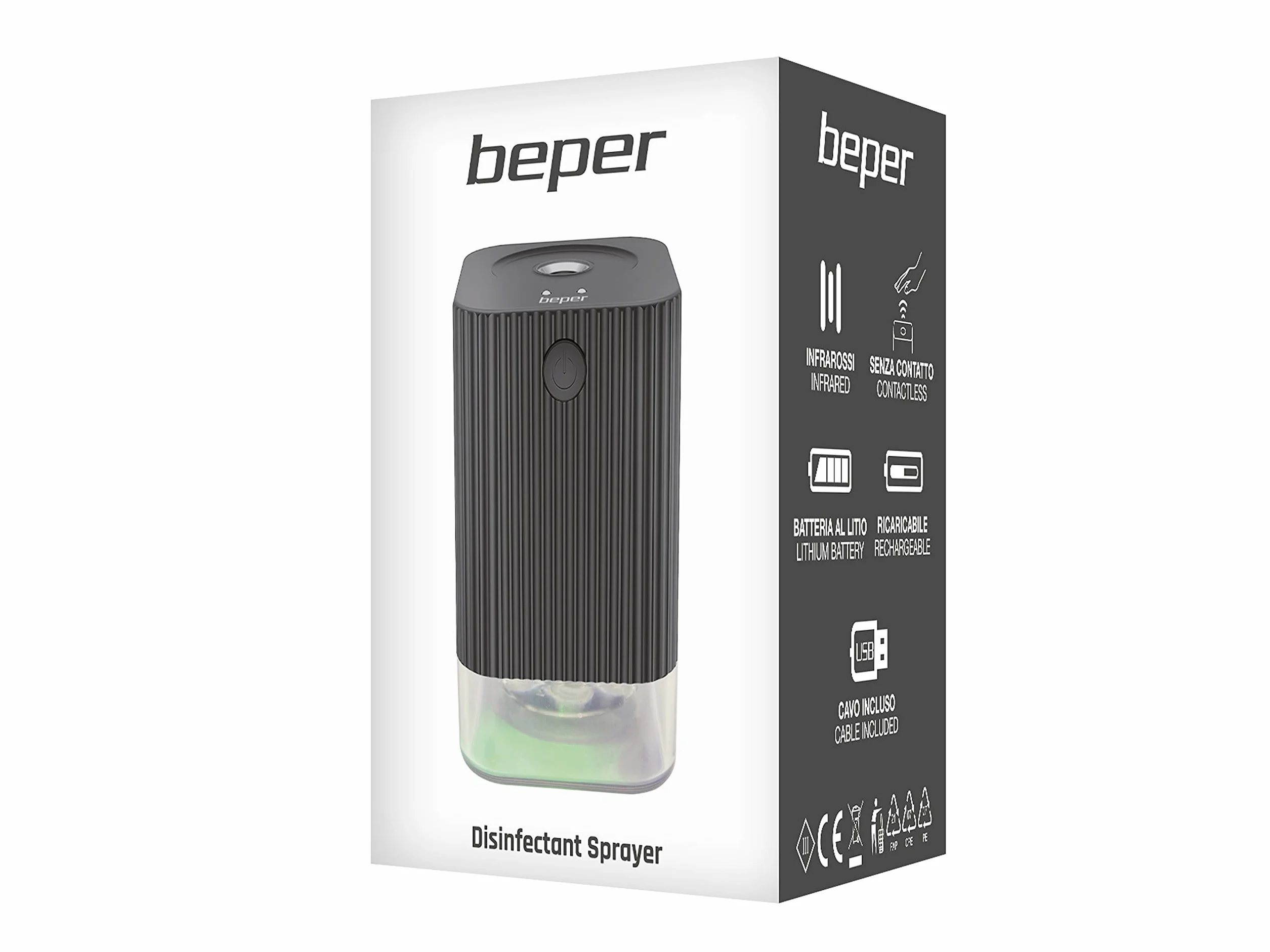 BEPER P201UTP011 Dispenser Nebulizzatore Disinfettante Mani e Oggetti, Capacità 120ml Contactless, Sensore Infrarossi, Batteria Ricaricabile, Cavo USB incluso, Nero