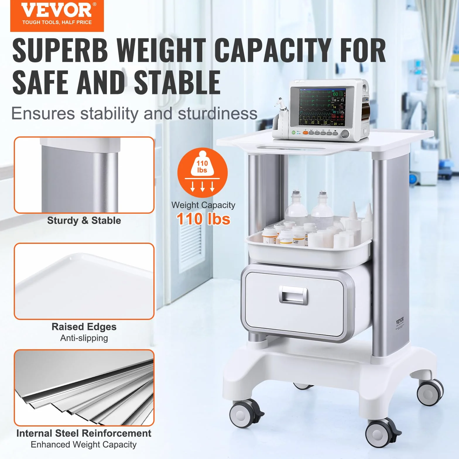 VEVOR Carrello da Laboratorio 2 Ripiani 1 Cassetto 1 Vassoio Superiore 4 Ruote ABS Bianco