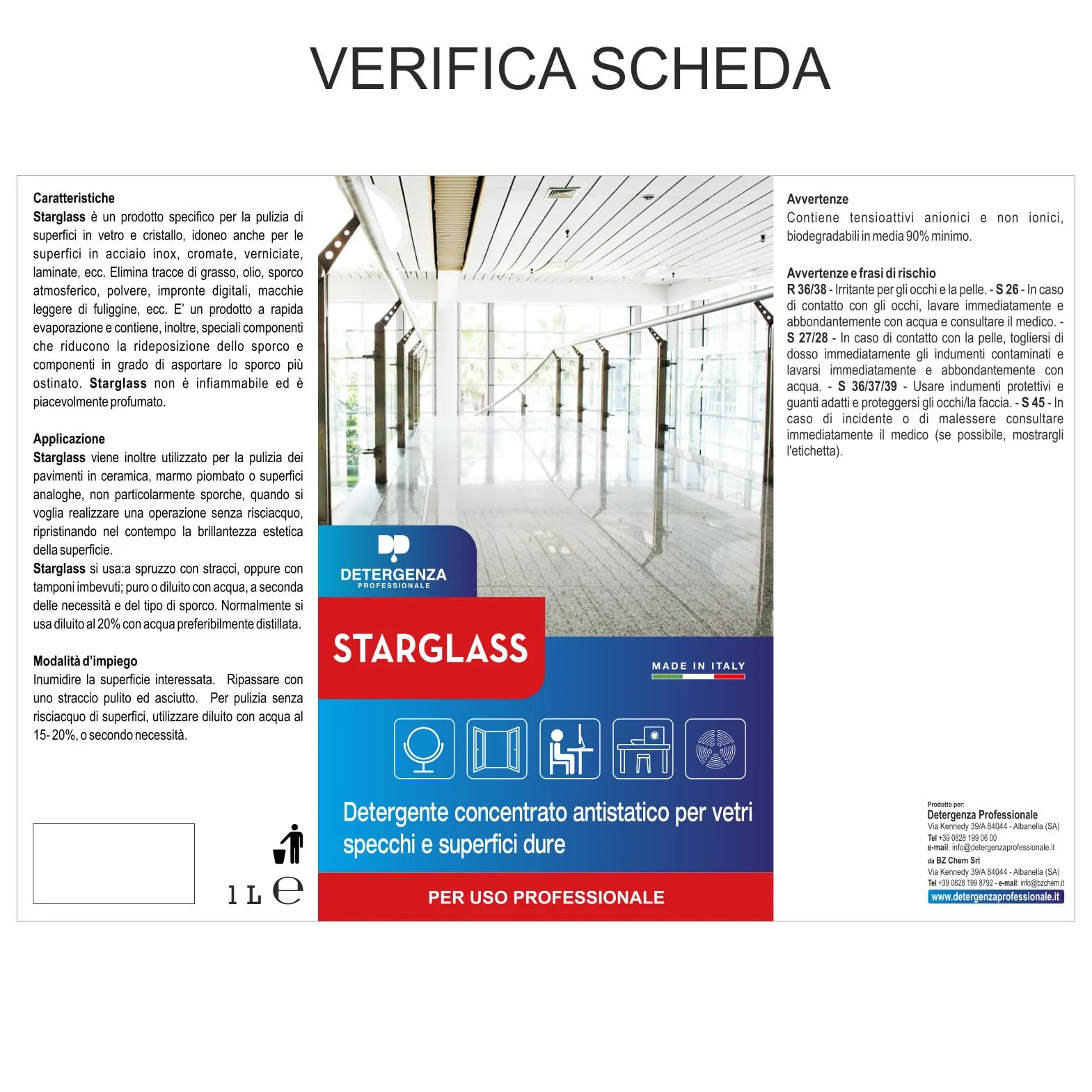 STARGLASS DETERGENTE CONCENTRATO Antistatico per VETRI SPECCHI E SUPERFICI DURE 1 L