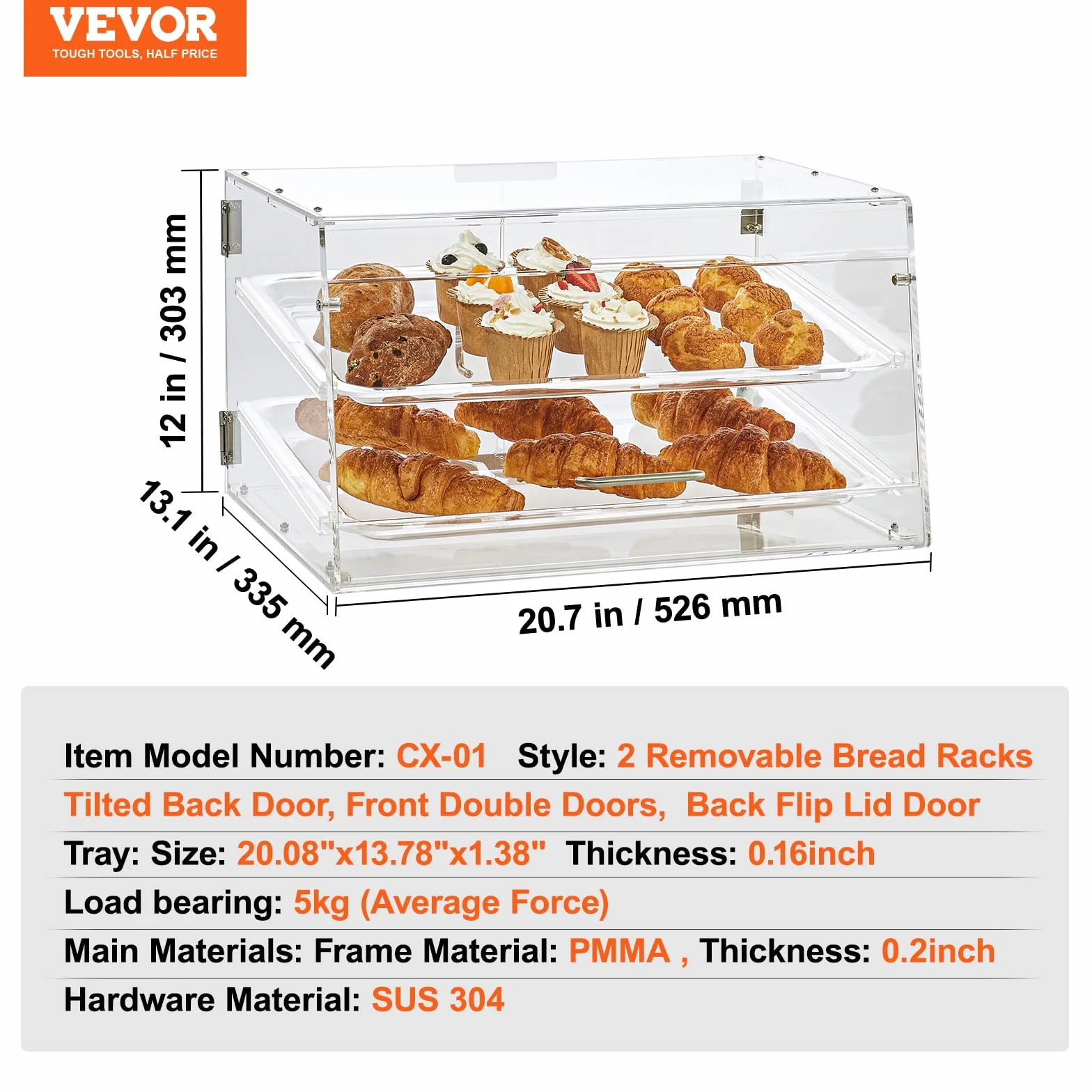 VEVOR Espositore per Pasticceria 2 Ripiani Acrilico Trasparente 510x350x35 mm Vetrina da Panificio