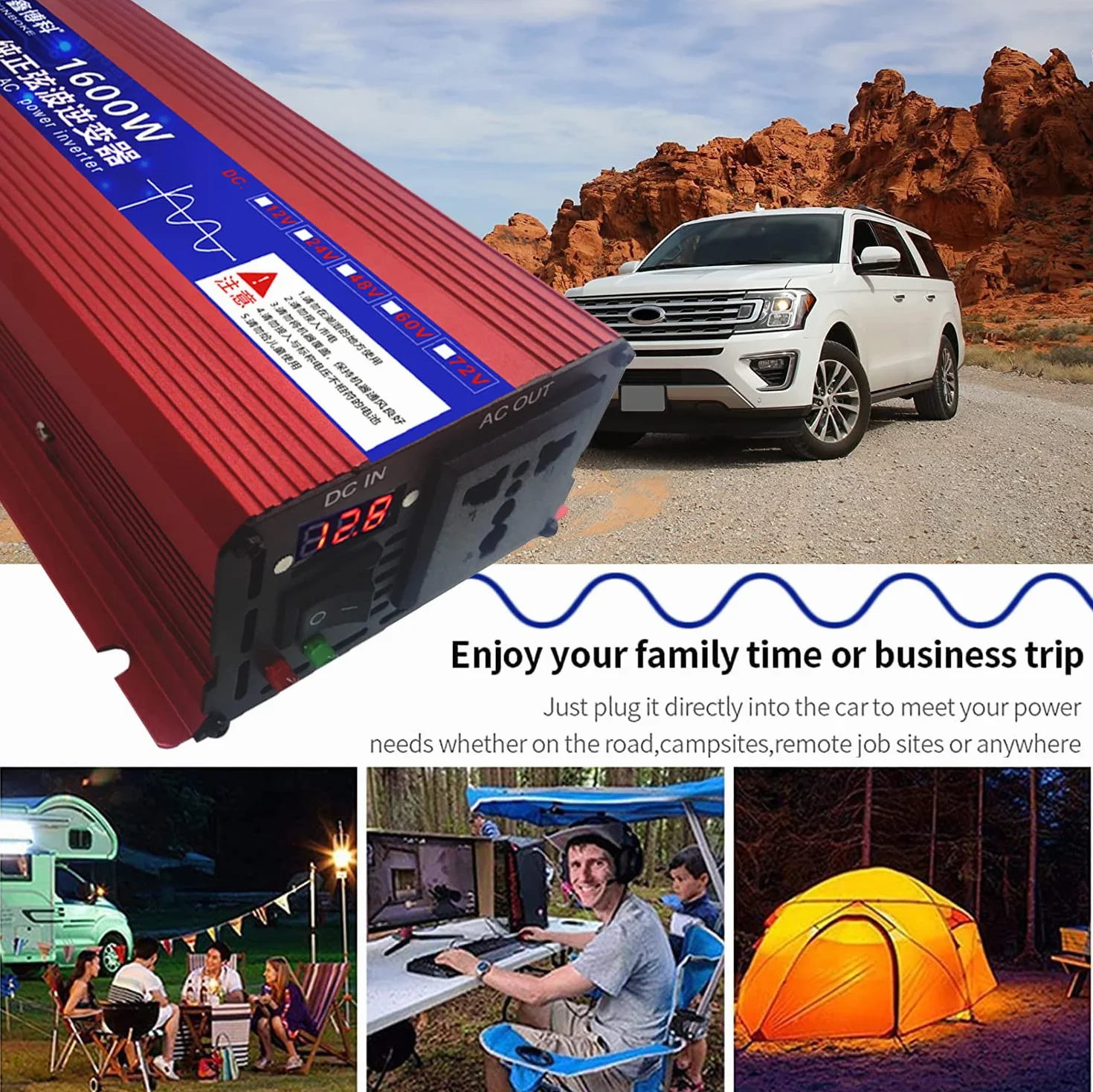 Convertitore di Tensione 12V 24V 48V 60V 72V a 110V 230V Inverter a Onda sinusoidale Pura 600W 1600W 2200W 3000W con Display LCD e Prese CA per Viaggi Domestici Camping RV Emergenza, 2200W-60Vto110V