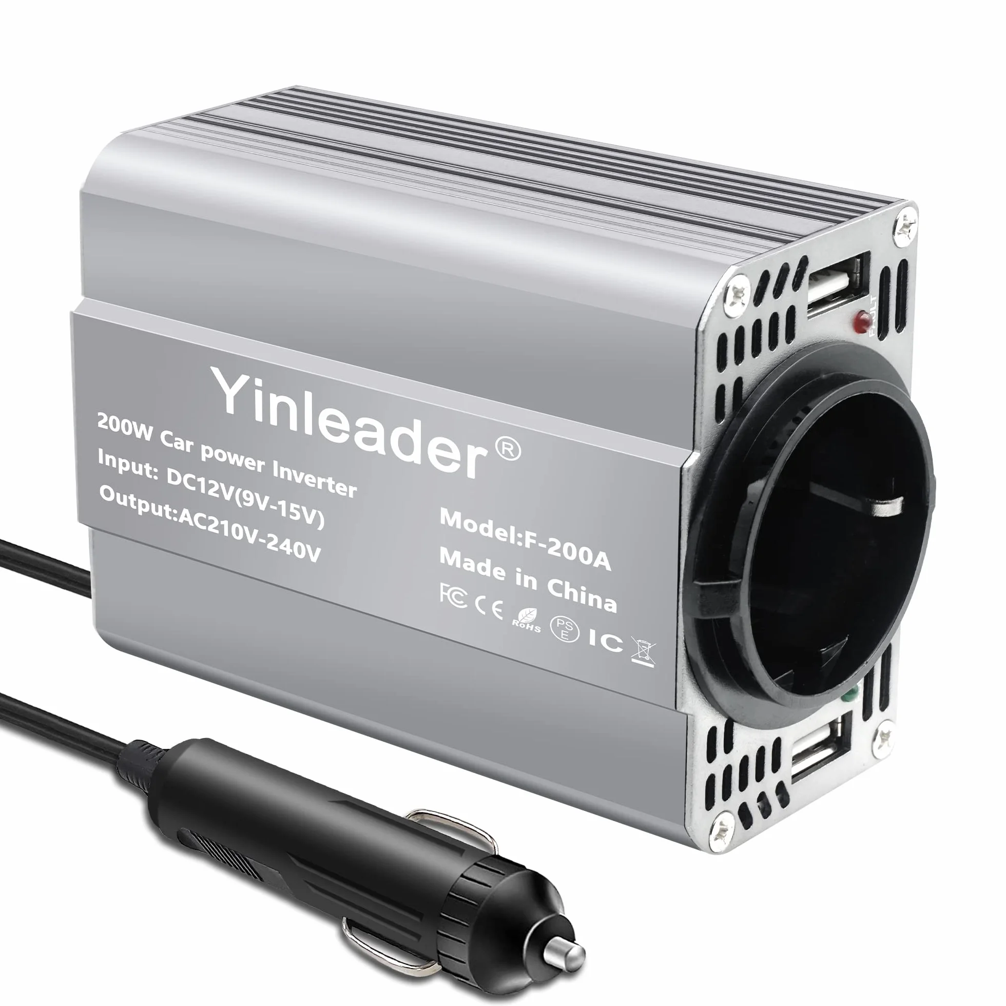 Yinleader Inverter da 200 W, 12 V a 230 V, 1 prese europee, 2 convertitori USB per auto, per caravan e campeggio