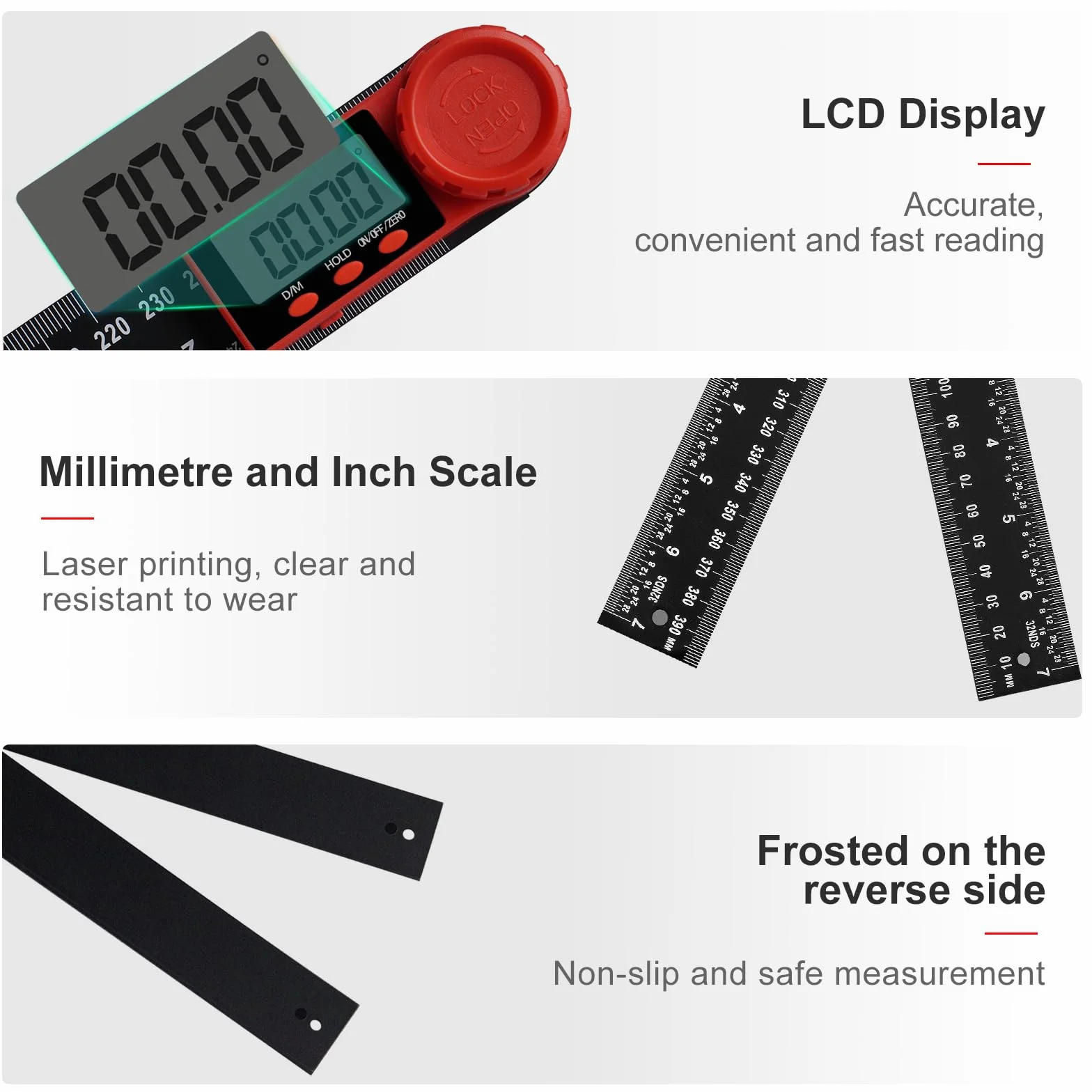 Goniometro digitale 2 in 1 200 mm 7,8 pollici con display LCD e funzione hold blocco righello angolare girevole 360°