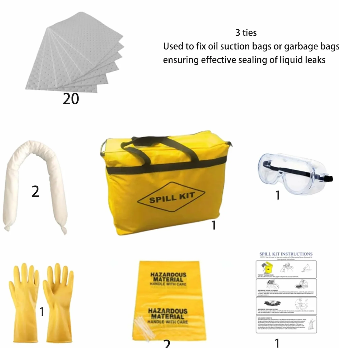 Kit Anti-Inquinamento Universale – Kit Antisversamento per Piccole Fuoriuscite, Assorbe Oli, Acqua, Solventi e Refrigeranti, Assorbenti, Guanti e Sacco (Giallo -20 Panni Assorbenti)