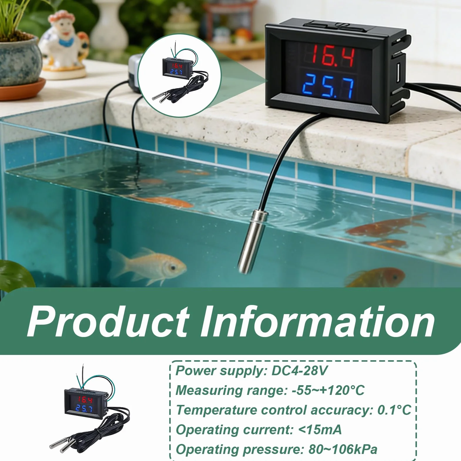 Termometro digitale a LED doppio display con 2 sonde impermeabili DC 4-28V -55°C a +120°C per acquario frigorifero incubatore