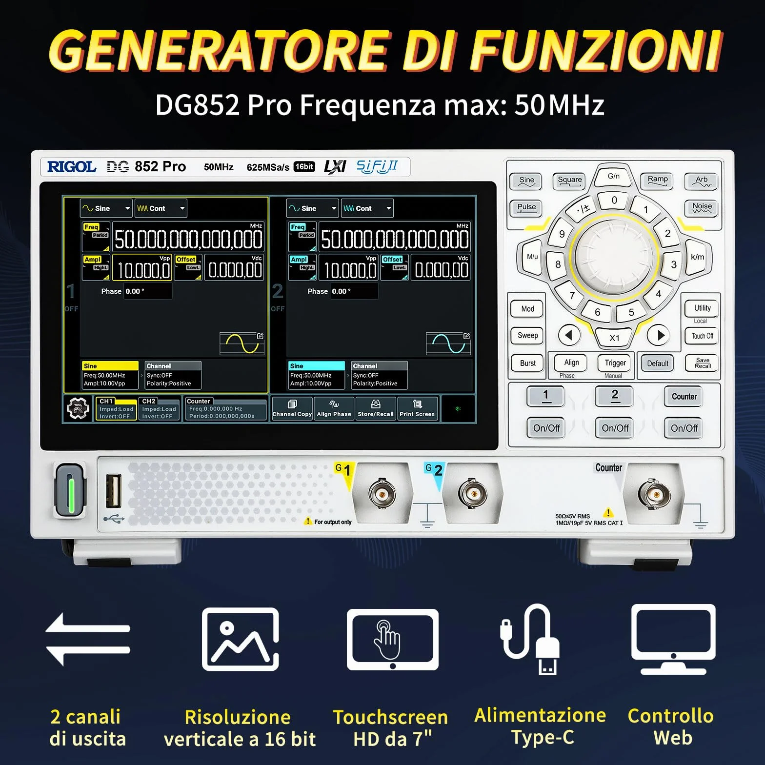 RIGOL Generatore di Segnale,DG852 Pro Generatore di Funzioni,50 MHz,2 Canale,Risoluzione a 16 bit,Schermo touchscreen HD da 7",Ultra-portatile,Perfetto per test sul campo e didattica in laboratorio