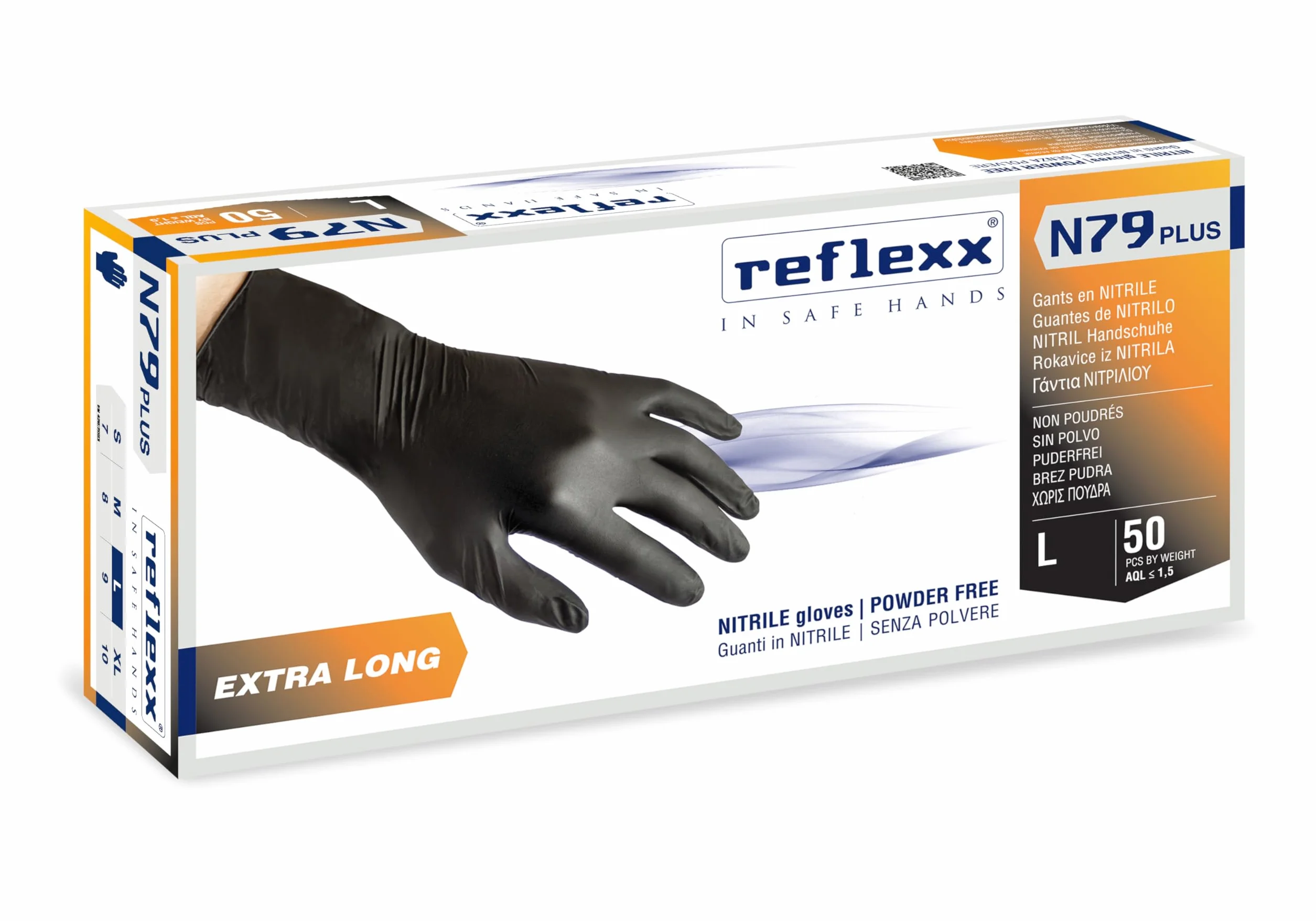 Reflexx N79P/L Guanti in Nitrile Senza Polvere, Nero, 50 Pezzi