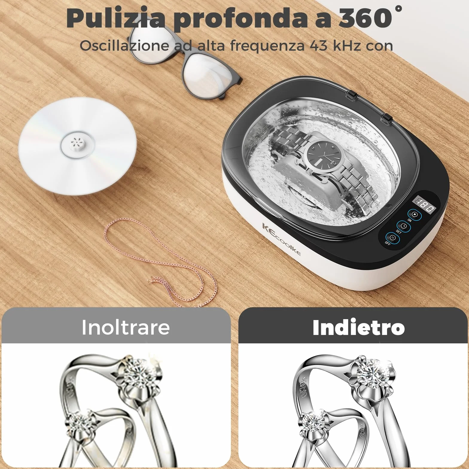 Pulitore ad Ultrasuoni 750ML Acciaio Inox 5 Modalità di Tempo per Gioielli Occhiali Orologi