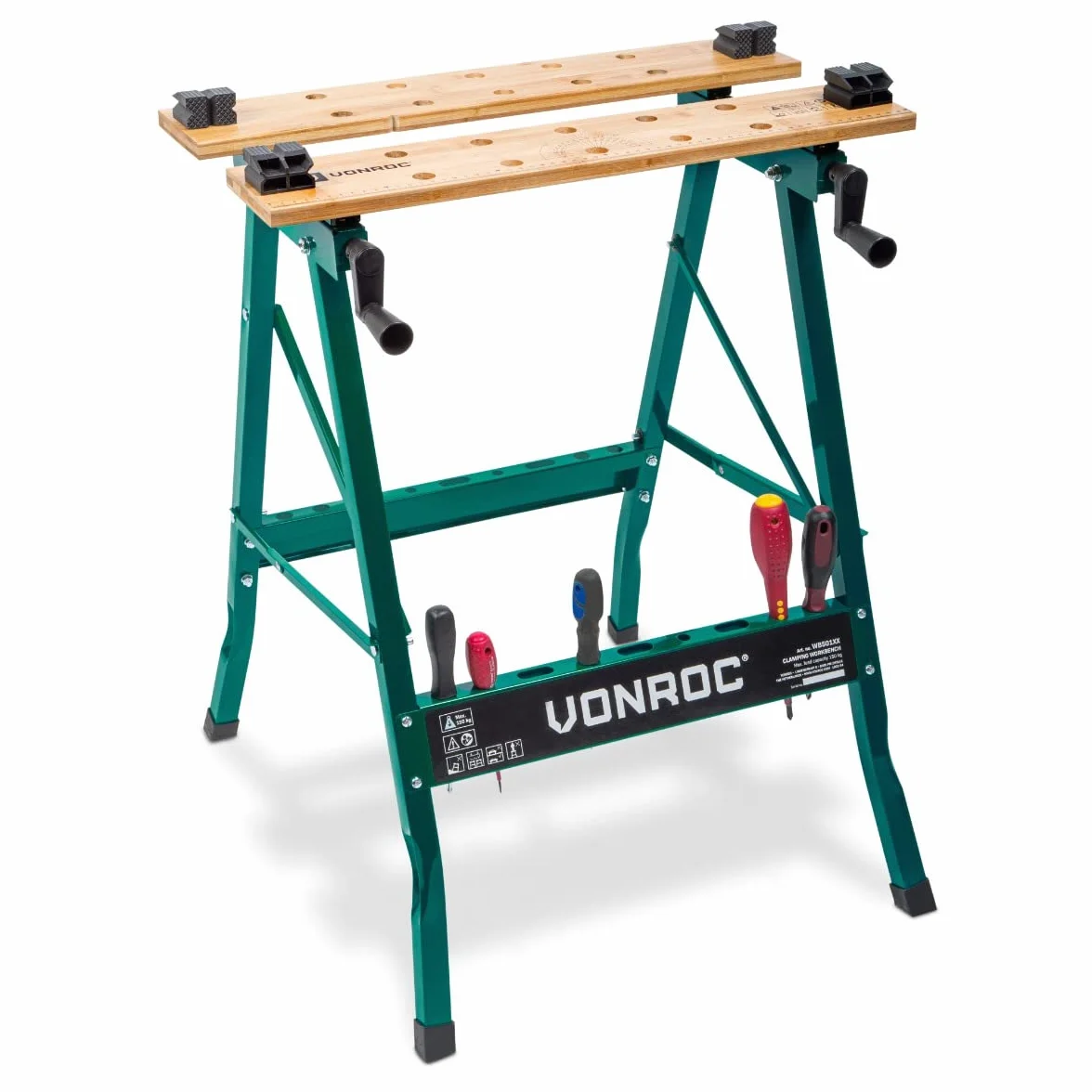VONROC Banco da lavoro richiudibile in legno di bambù. Portata massima 150 kg, pieghevole. Dimensioni: Larghezza: 520 mm - Altezza: 775 mm - Lunghezza: 635 mm
