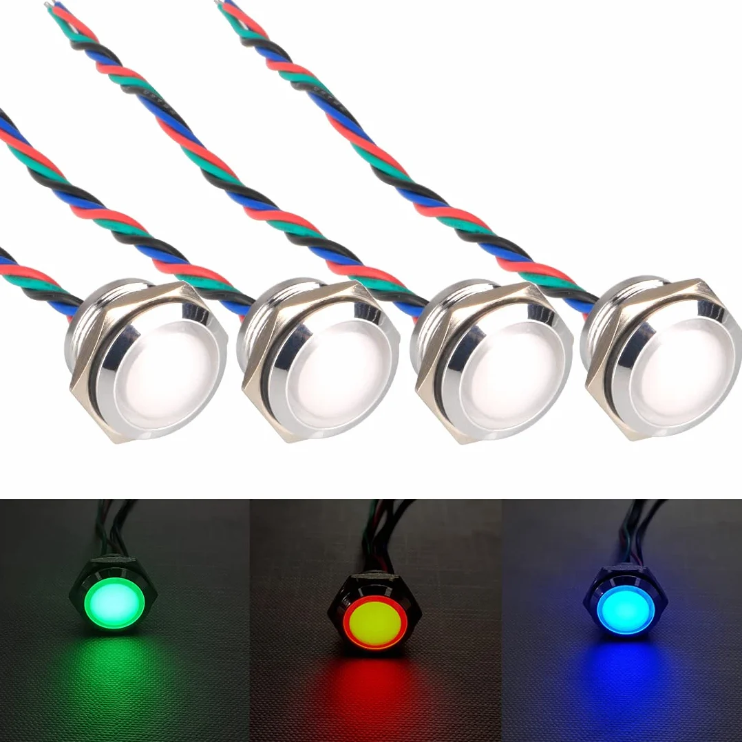 GUUZI 4 Pezzi 12V-24V RGB Triplo (Rosso Verde Blu) Indicatore Luminoso a LED in Metallo 16mm Lampada di Segnalazione Impermeabile con Cavo