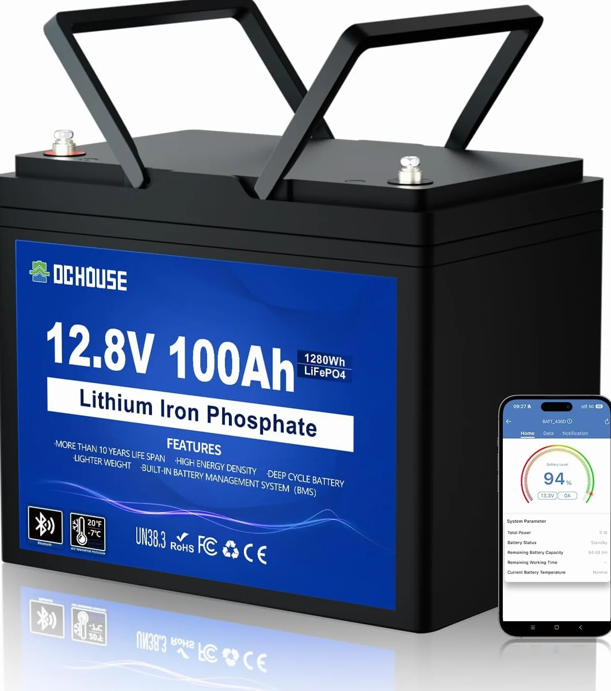 DCHOUSE Batteria Litio Bluetooth 12V 100Ah, Batteria al Litio 12V 1280Wh con Protezione 100A BMS e a Bassa Temperatura, Lifepo4 per Motori Elettrici, Caravan, Campeggio, Sistemi Solare
