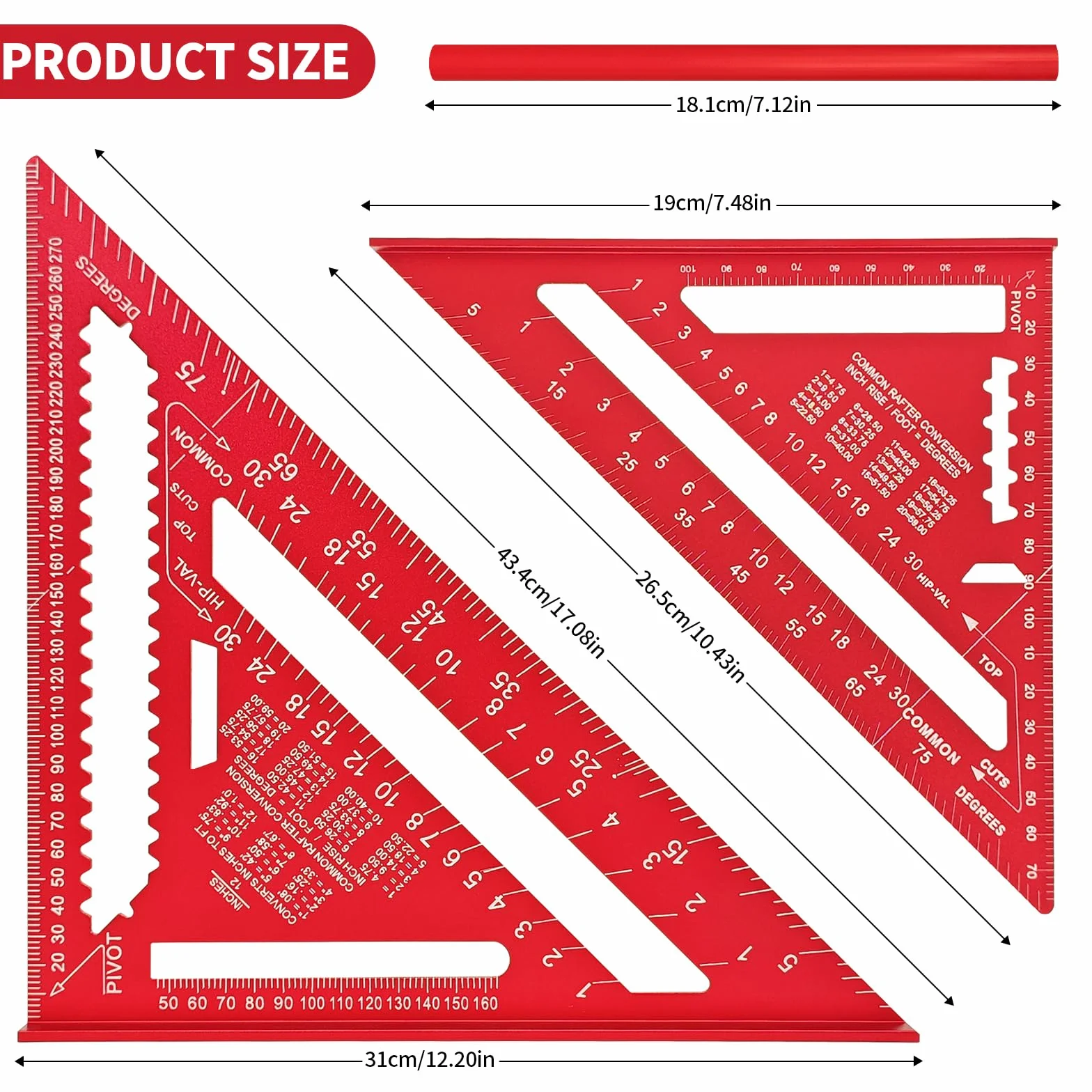 Squadra da carpentiere in metallo 2 pezzi 180 mm 300 mm 7"-12" per angoli retti 45° 90° con perno piatto