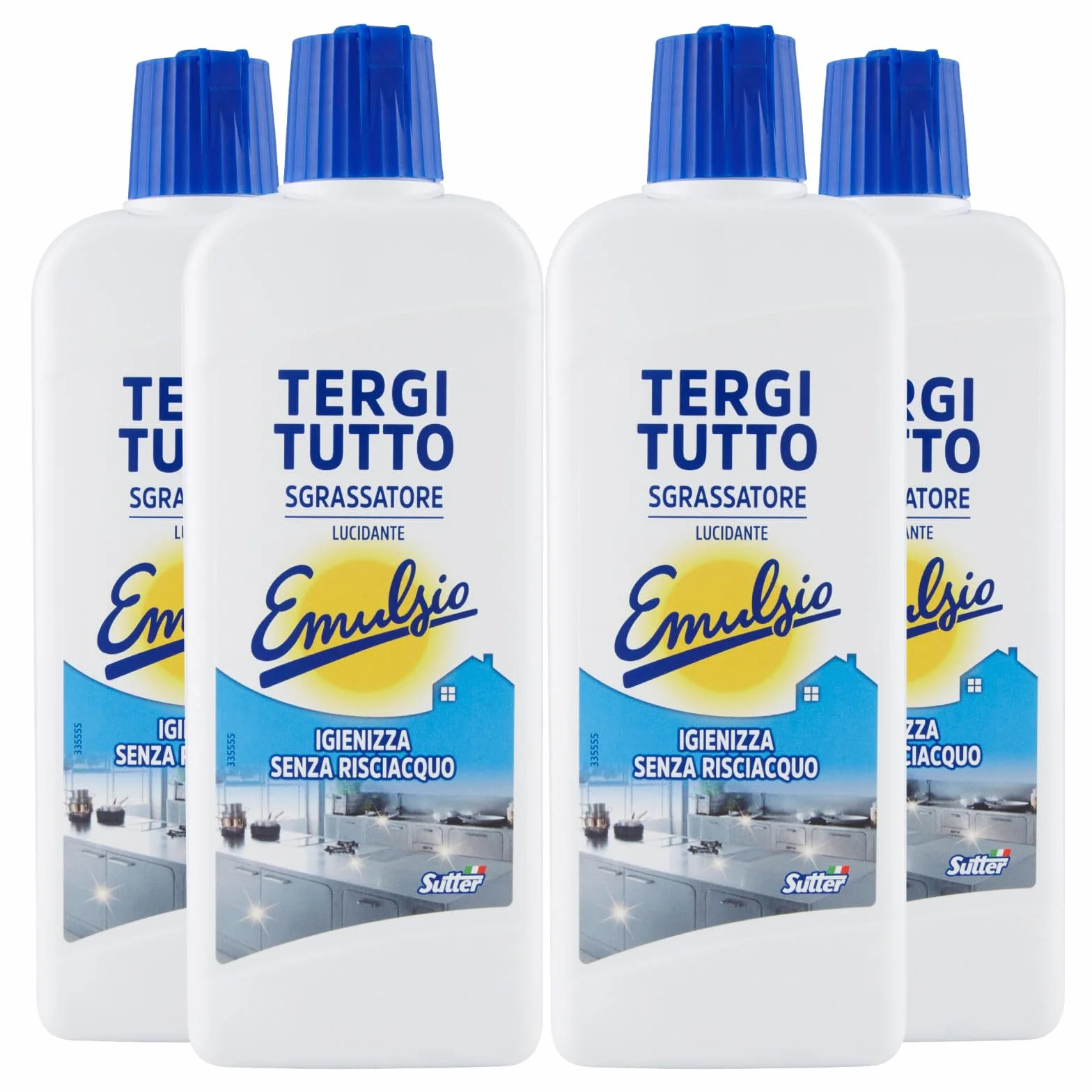 Emulsio Tergi Tutto Sgrassatore Universale in Crema Lucidante Igienizzante Senza Risciacquo per Tutte le Superfici Piano Cottura Fornelli Cappe Infissi Tapparelle - 4 Flaconi da 375ml