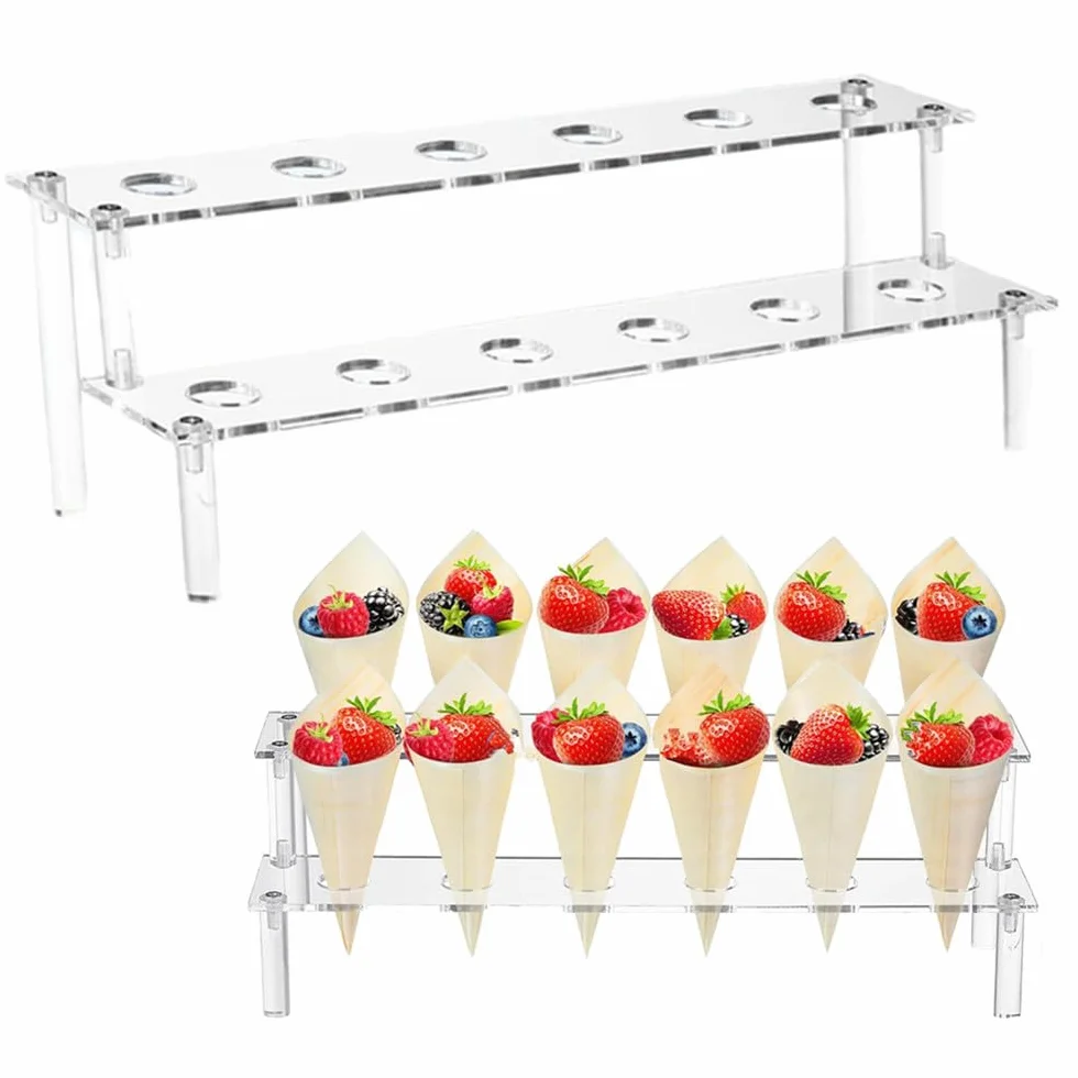 Supporto per coni gelato trasparente Wanfoou, supporto acrilico per coni gelato con 12 fori, supporto a due livelli in acrilico per cupcake, popcorn, ristorante, zucchero, festa o buffet