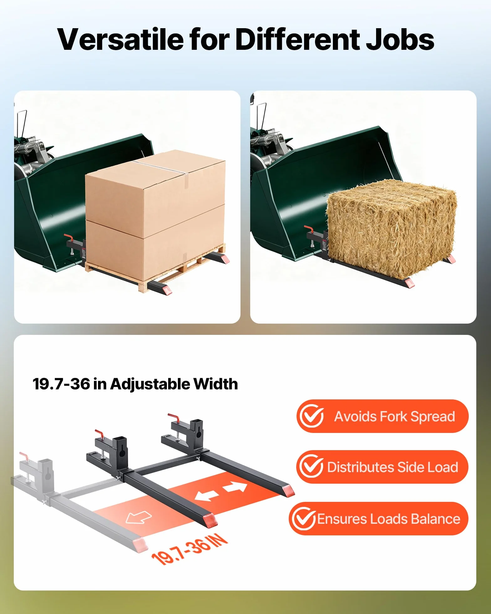 VEVOR Forche per Pallet con Morsetto da 907 kg Lunghezza Totale 109 cm, Forche per Trattori per Impieghi Gravosi con Barra Stabilizzatrice Regolabile per Accessori per Trattori, Benna di Carico