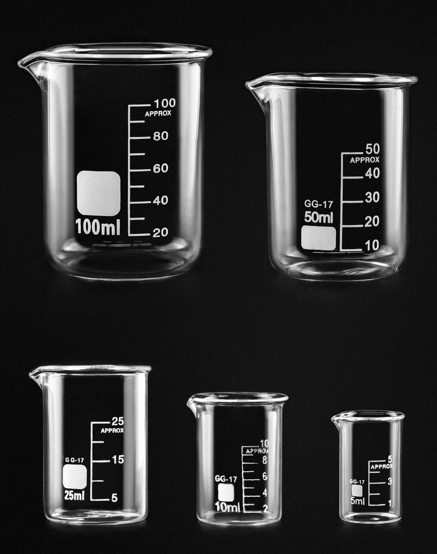 QWORK® 5 Pezzi Becher Graduato in Vetro Borosilicato 3.3, 5ml-100ml Misurino per Laboratorio