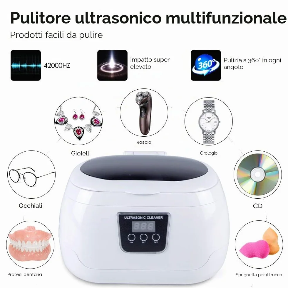 Pulitore Ultrasuoni 600ml, Lavatrice Ultrasuoni Acciaio Inox, Detergente ad Ultrasuoni Portatile per Occhiali Gioielli Orologi