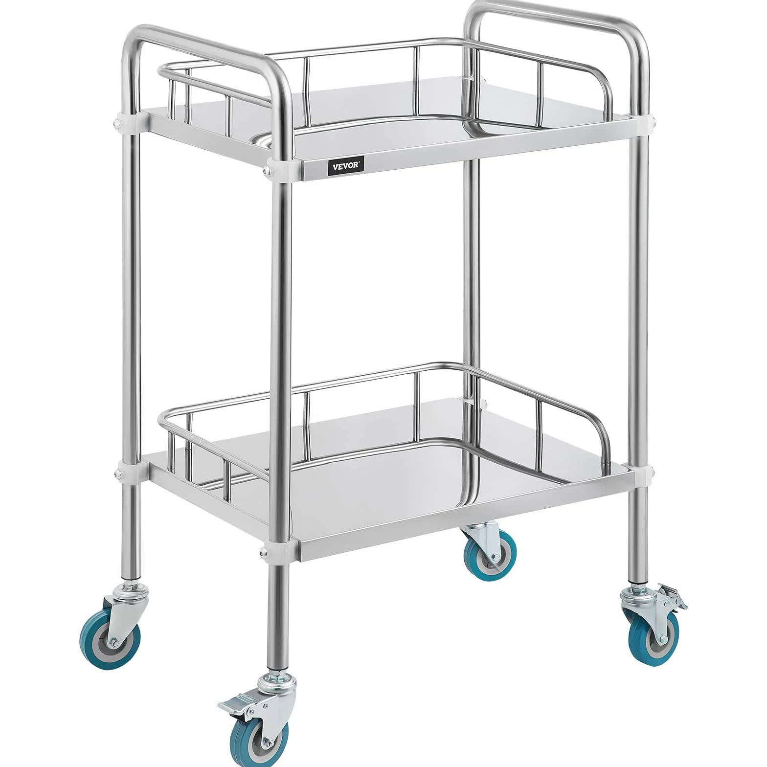 VEVOR Carrello da Laboratorio, 2 Strati Carrello Medico in Acciaio Inox, con 4 Ruote a 360° 2 Freni, Argento, per Ospedale, Farmacia ed Estetica, Laboratori, Salone di Bellezza, Centro di Ricerca