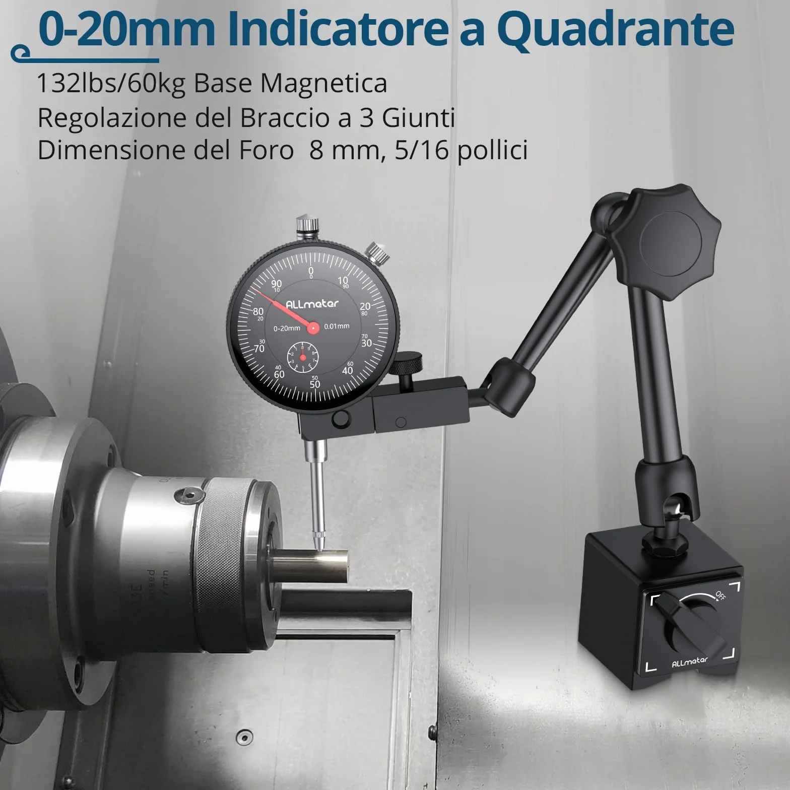 Comparatore Centesimale 0-20mm con Base Magnetica 60kg, Indicatore Meccanico di Precisione 0.01mm, Supporto Regolabile a 3 Snodi per Tornio Fresatrice Allineamento Misure Officina Meccanica