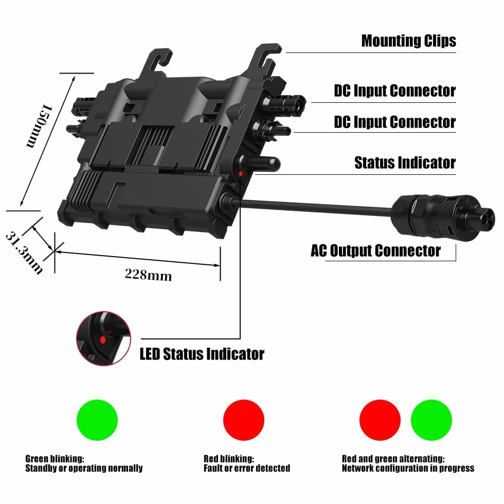 EON-MI800S - Micro inverter 800 W, doppio MPPT, 16-60 V DC, controllo app WiFi e Bluetooth, plug & play, IP67, certificato VDE, leggero, ideale per centrali elettriche da balcone