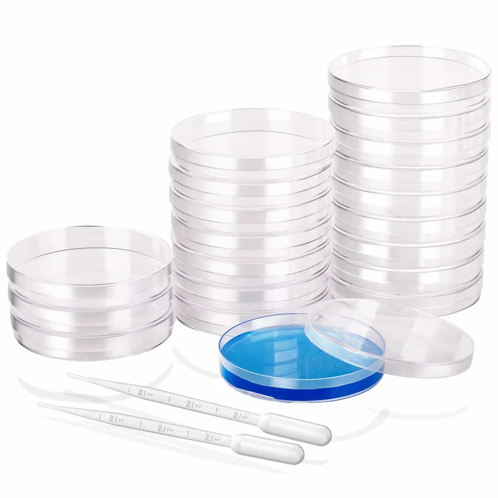 20 Pcs Plastica Piastra di Petri,Set Di Piastre Di Petri In Plastica Sterile Da(90 mmx15 mm) Con Coperchio,Ventilate Fornito Con 20 Pipette Di Trasferimento In Plastica(3ml)