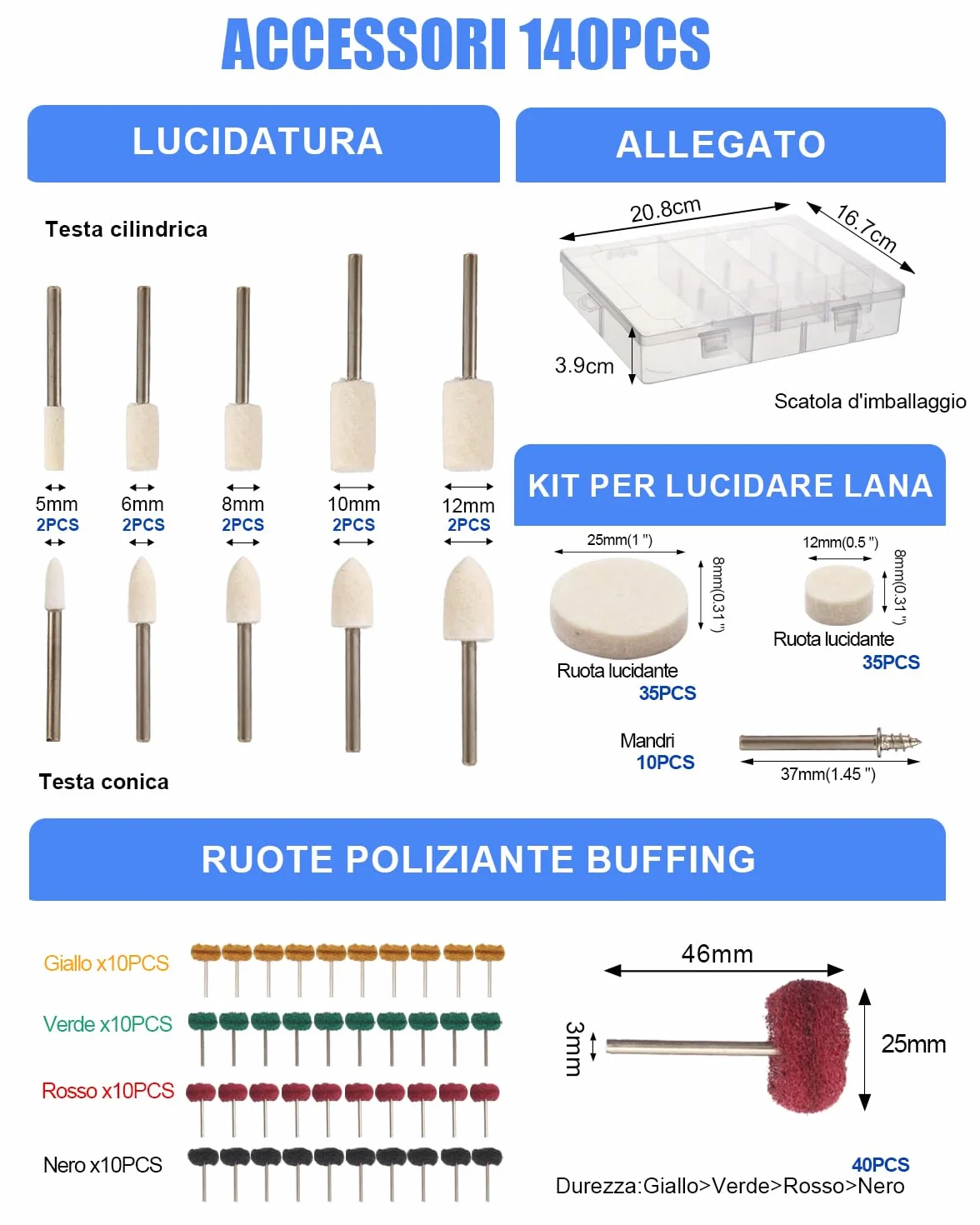 140 Pezzi Accessori per Dremel Elettrico Lucidatura, Ruota in Lana 3mm per la lucidatura metallo Metallo, Vetro, Gioielli, Kit Utensile Rotante Completo