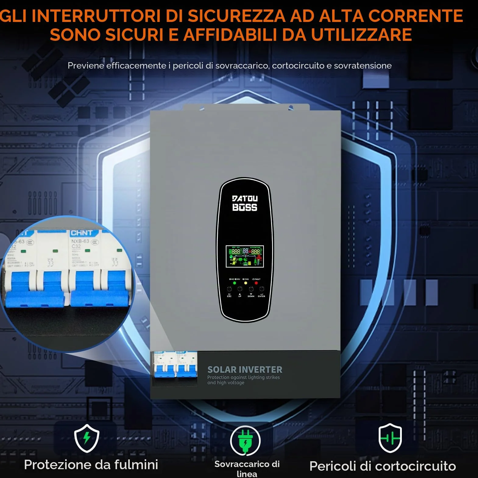 DATOUBOSS Inverter solare ibrido da 6200 W, 48 VDC a 230 V, inverter sinusoidale puro con 120 A, ingresso fotovoltaico da 8500 W, supporta il sistema di protezione BMS, per batterie al litio da 48 V.