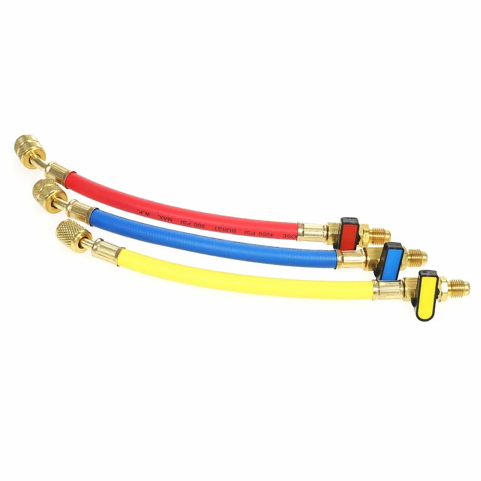 Set di 3 manometri R410A R22 R12 800 PSI Manifold Set A/C tubo di ricarica refrigerante ad alta pressione HVAC tubi di ricarica con valvola a sfera