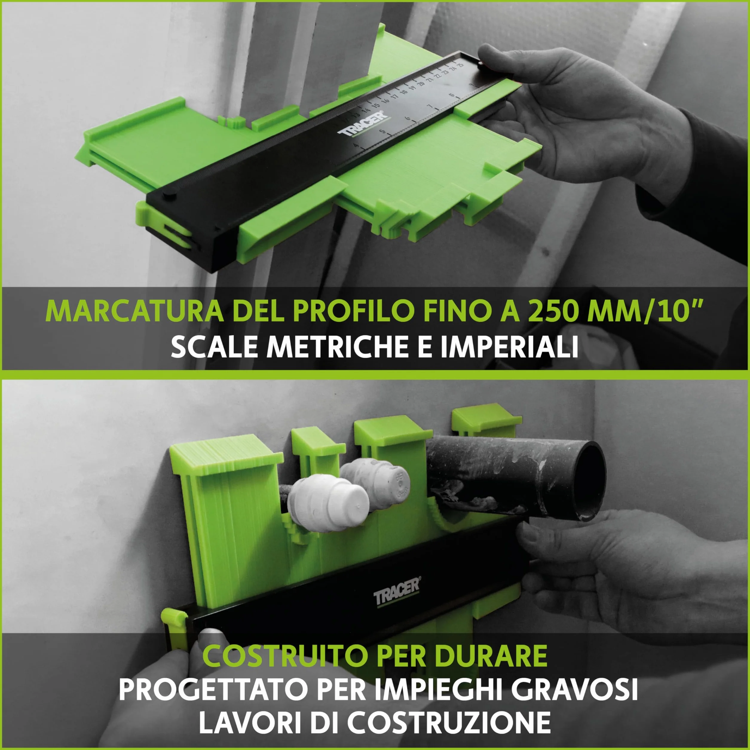TRACER - Calibro per contorni, 250 mm, con matita per lavori di costruzione con fori profondi, set di matite per carpentieri