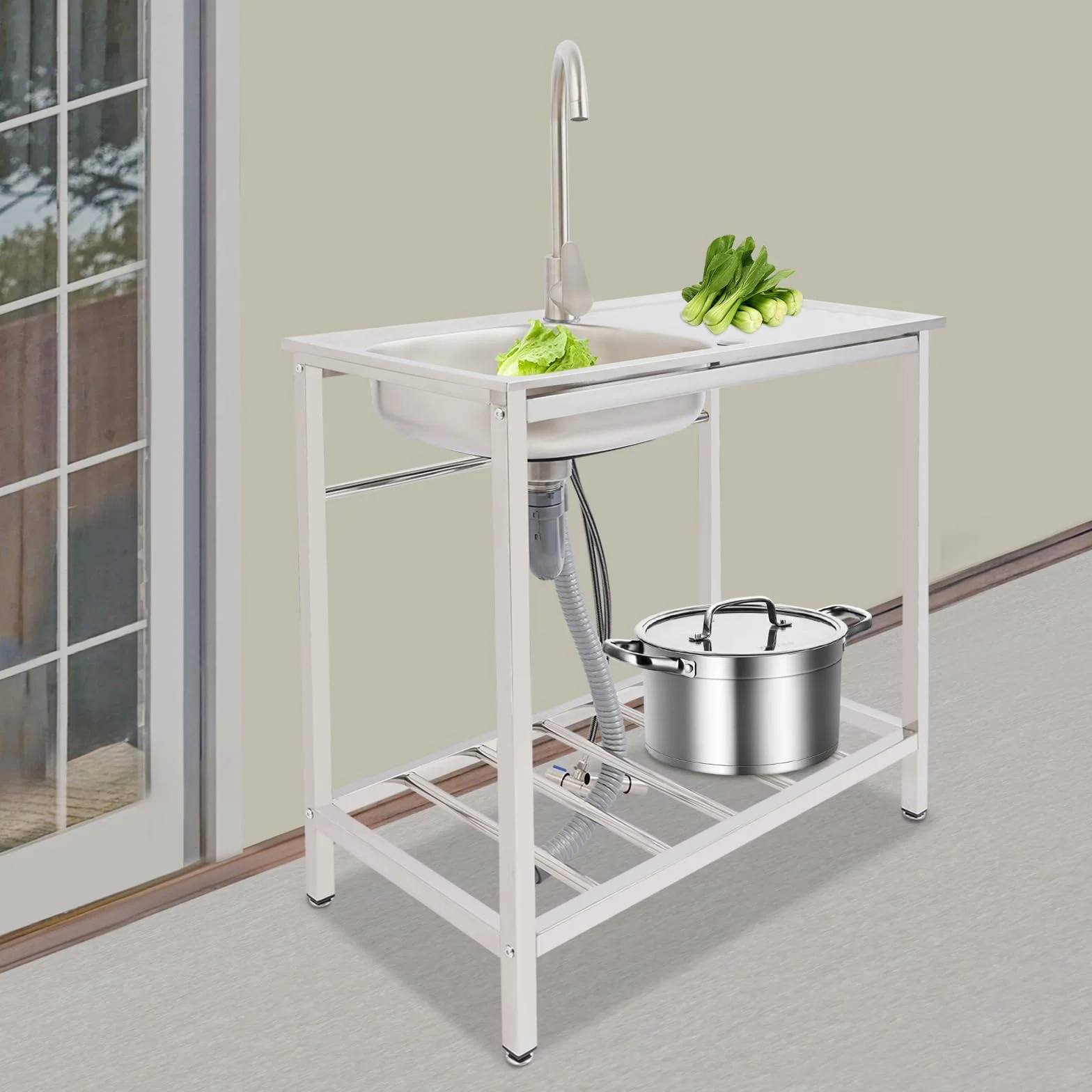 Lavello da esterno autoportante, 1 vasca lavello mobile con rubinetto per acqua calda e fredda e mobiletto sottostante, tavolo lavello in acciaio inox lavello da cucina per ristoranti, caffè