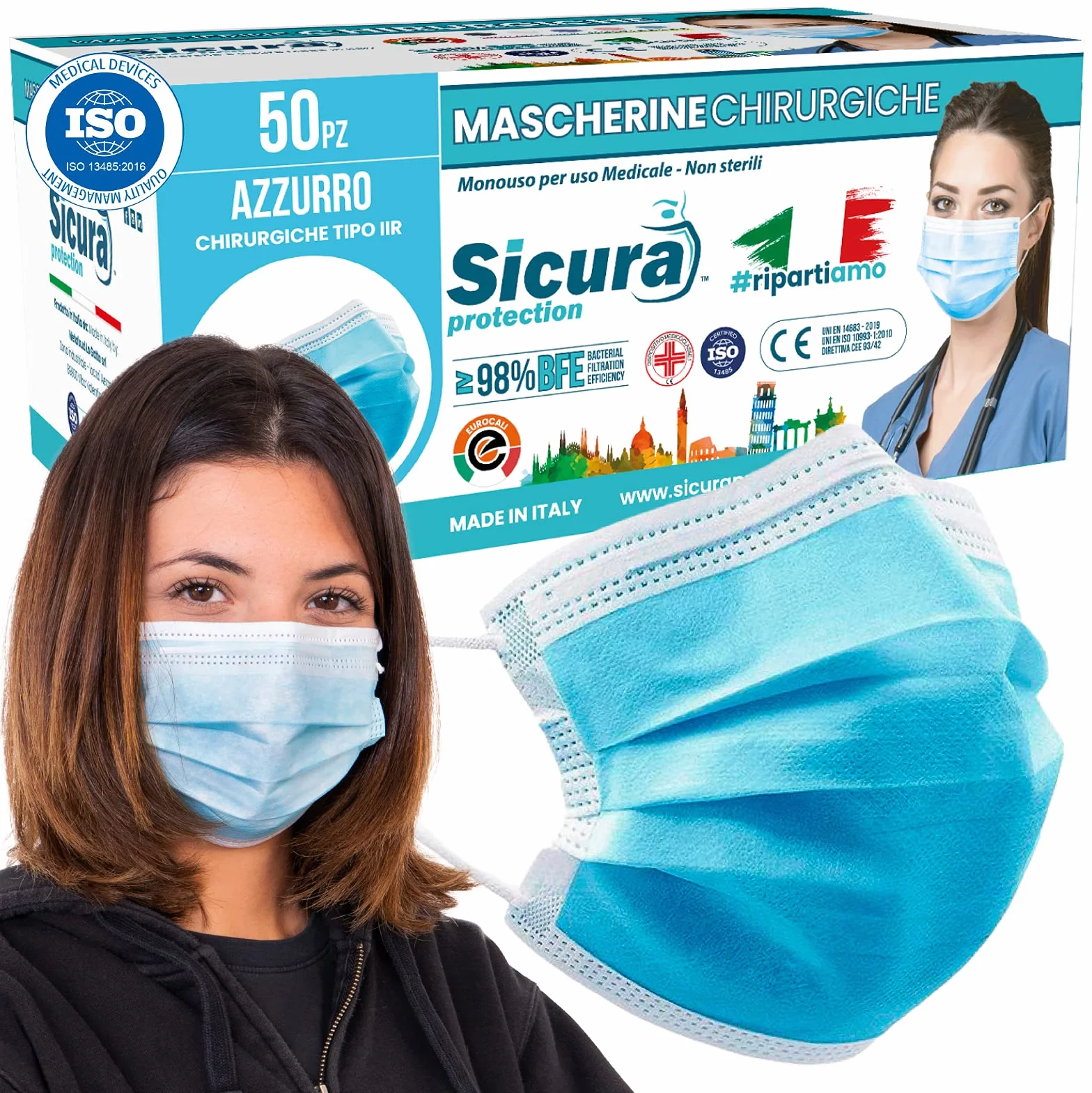 Mascherine Chirurgiche CE Tipo IIR BFE ≥ 98% 50 Pezzi Azzurro