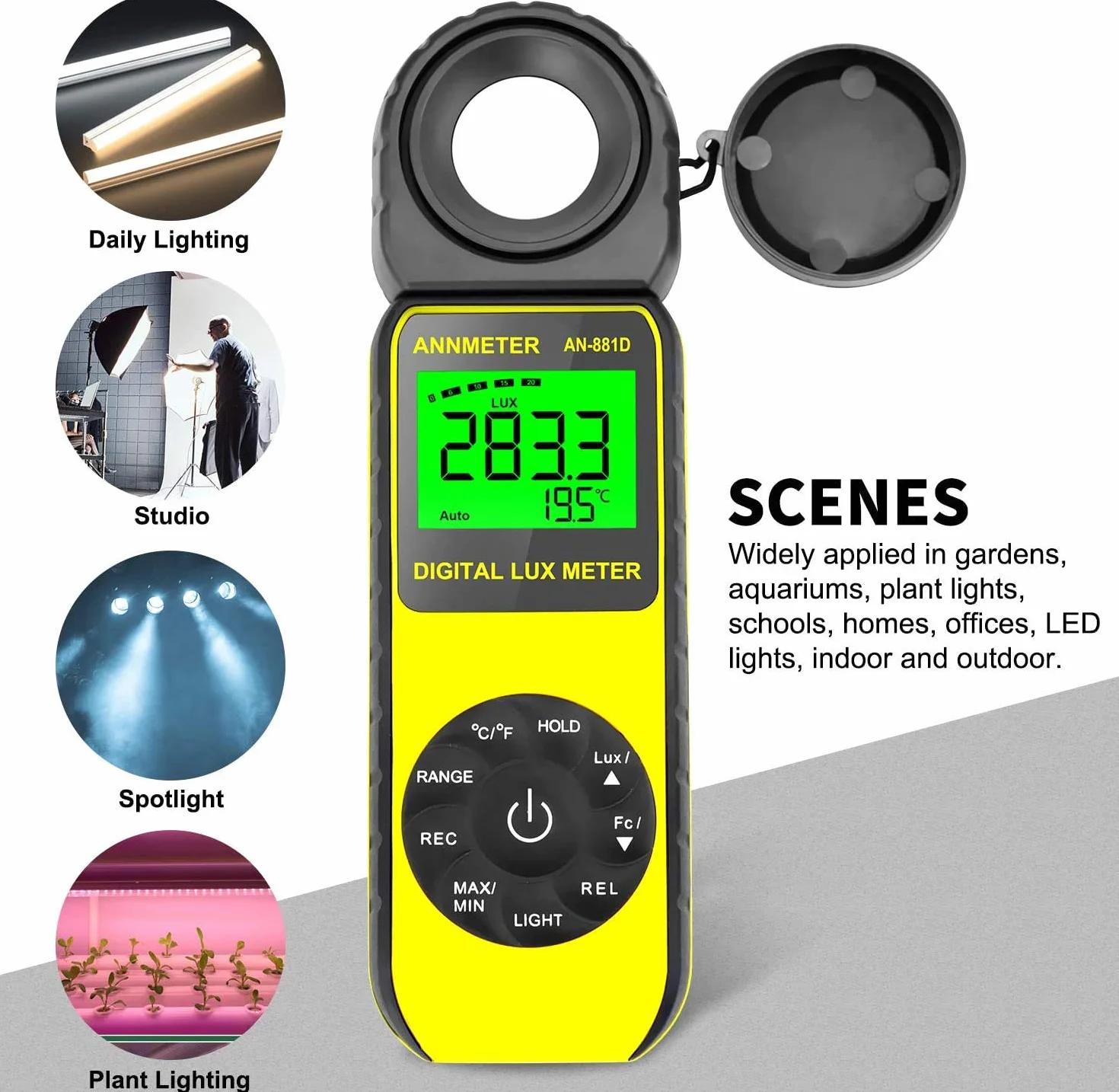 AIOMEST Luxmetro Digitale Portatile, Rilevatore di 0,01~400.000 Lux Rotante, Misuratore di Illuminamento a 270° per Luce di Crescita Delle Piante, Luci esterne per Interni, Acquario, AI-881D, Giallo