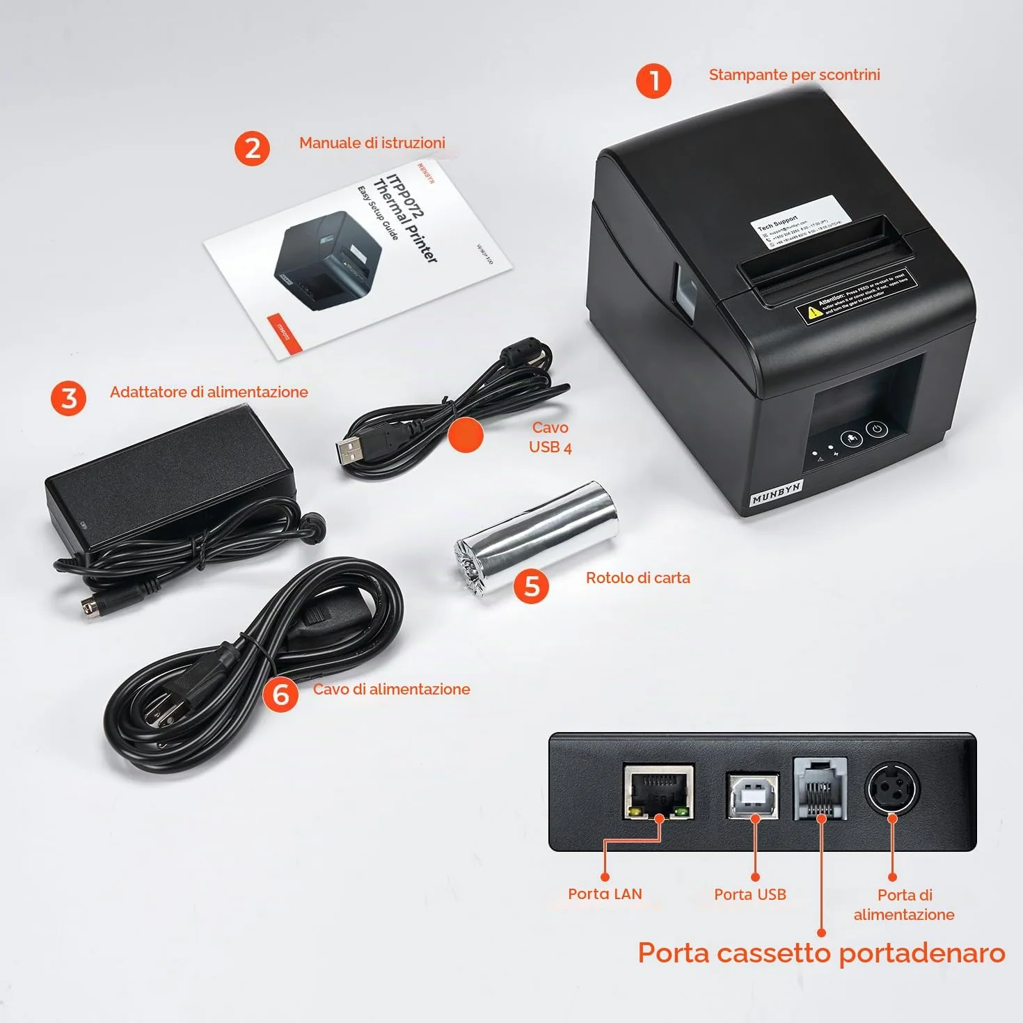 MUNBYN ITPP072 Stampante Termica per Scontrini da 80 mm – Stampante POS con Porte USB + LAN – Compatibile con Android, Windows, ChromeOS e Linux – Non supporta la connessione Bluetooth