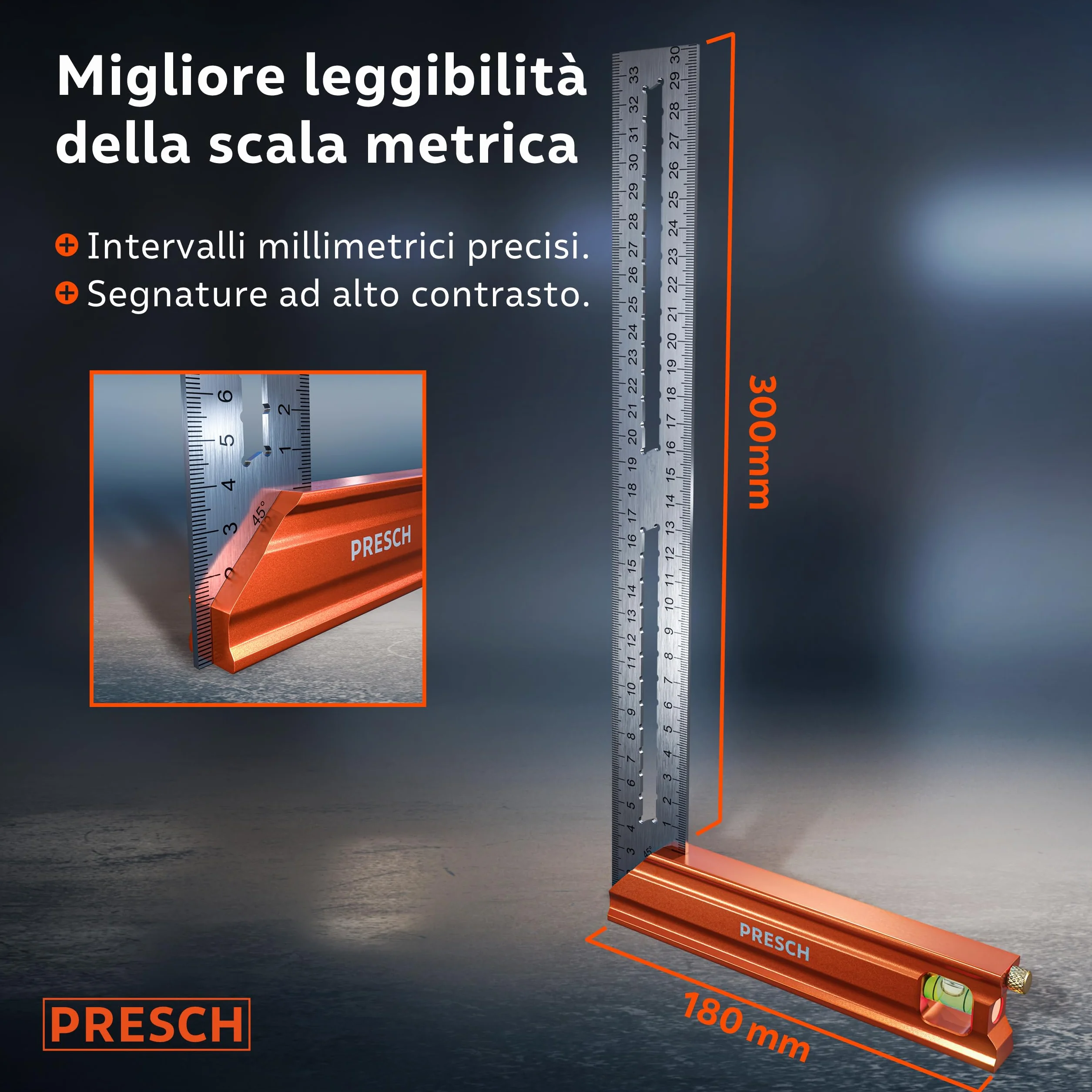 Presch Squadra da 300 mm 90° 45° con bolla di livello e indicatore di marcatura antiruggine