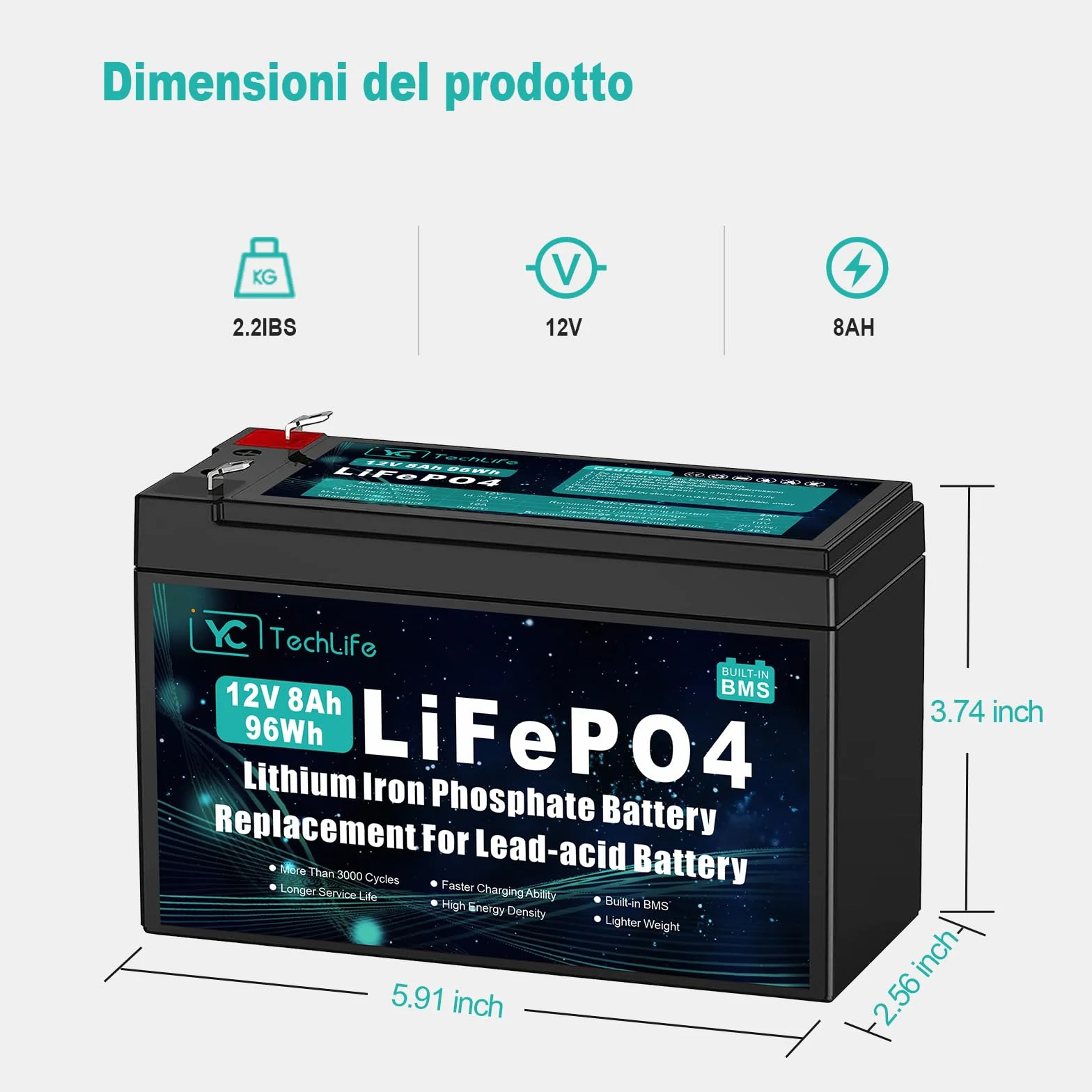 Batteria Lifepo4 12V 8Ah, Batteria Litio Ricaricabile Ciclo Profondo fino a oltre 3000 Cicli, BMS 10A integrato, utilizzata per energia solare/eolica, illuminazione altro ancora