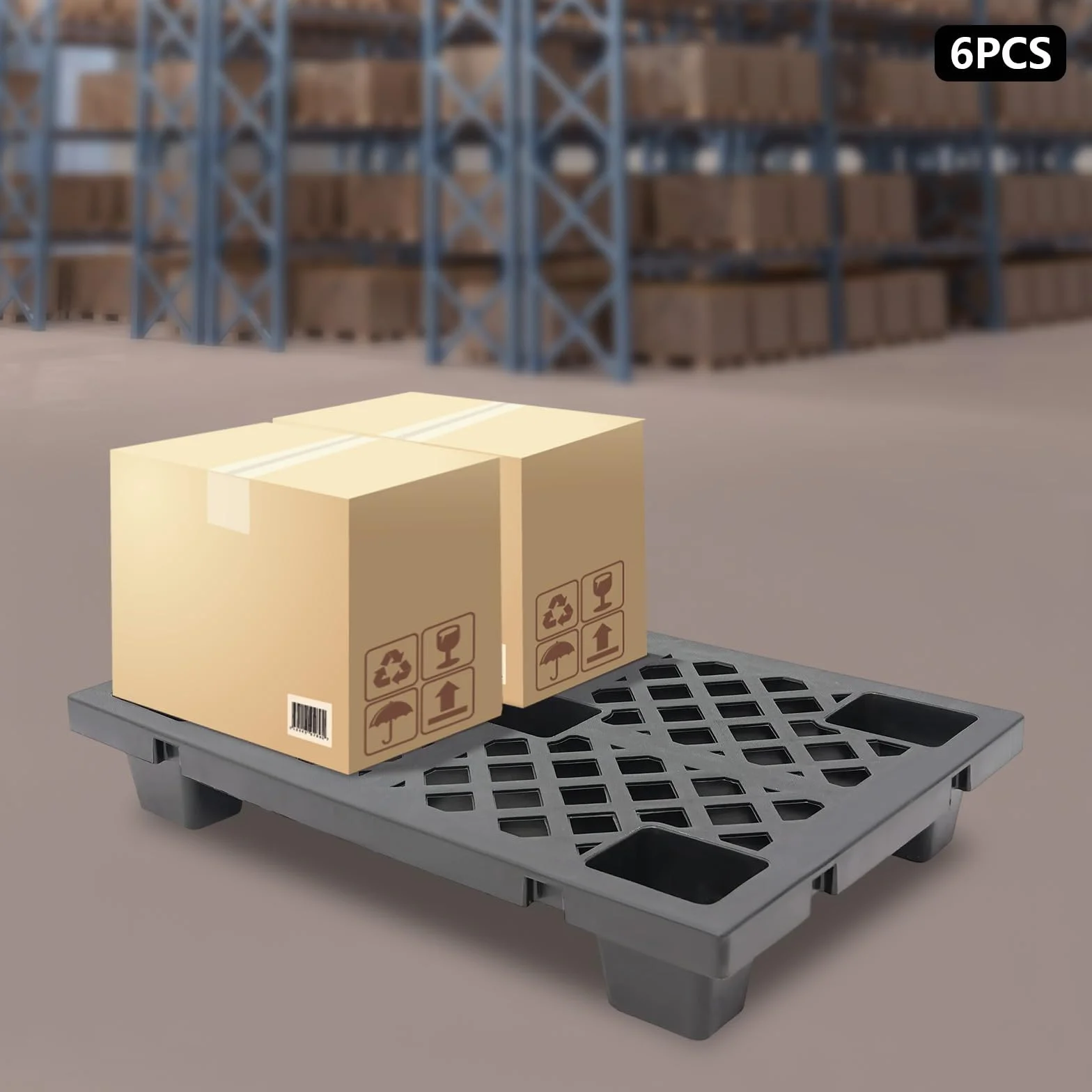 Set di 6 pallet in plastica, 60x40x10 cm Impilabili Pallet leggeri con fondo goffrato e chiusura a scatto per magazzino, logistica, esterno, cucina, ripostiglio, fino a 100 kg (Nero)