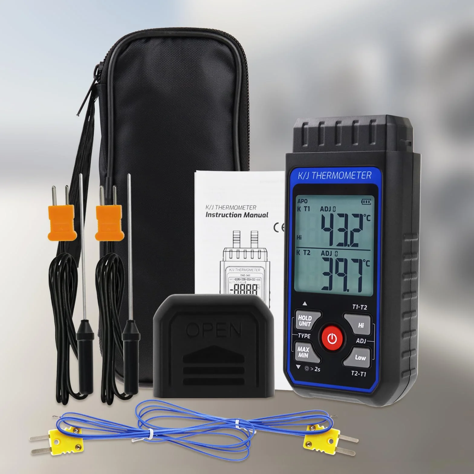 Termometro digitale a doppio canale tipo K/J con 4 termocoppie, campo -328~2501℉, strumento di misurazione temperatura HVAC con allarme