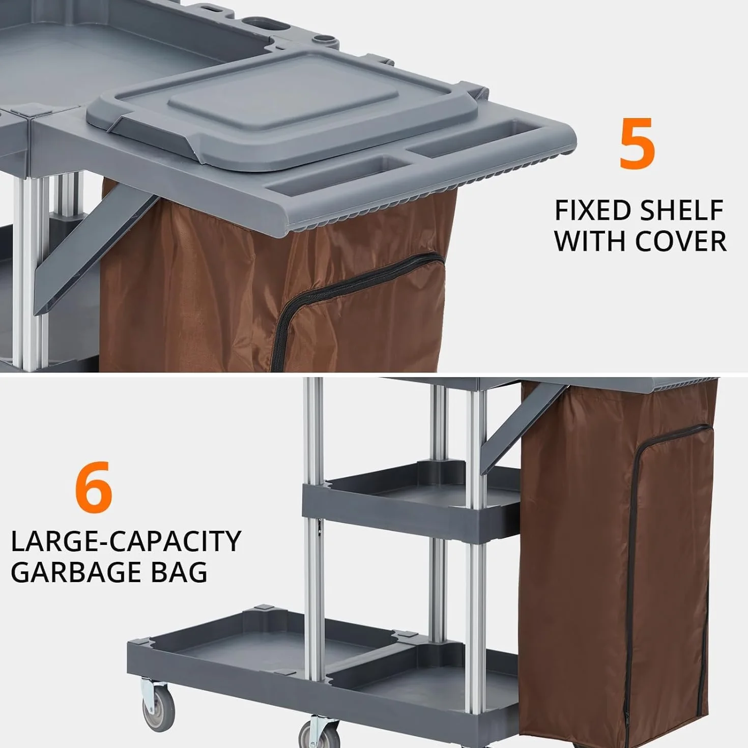 Carrello Pulizie Professionale,Carrello Per Pulizie Commerciali Di Hotel e Ospedali Con Armadietti Ripiani,Carrelli Multiuso Per Pulizia Con 6 Ruote e Sacco in Vinile Per Ufficio, Hotel, Capacità 300