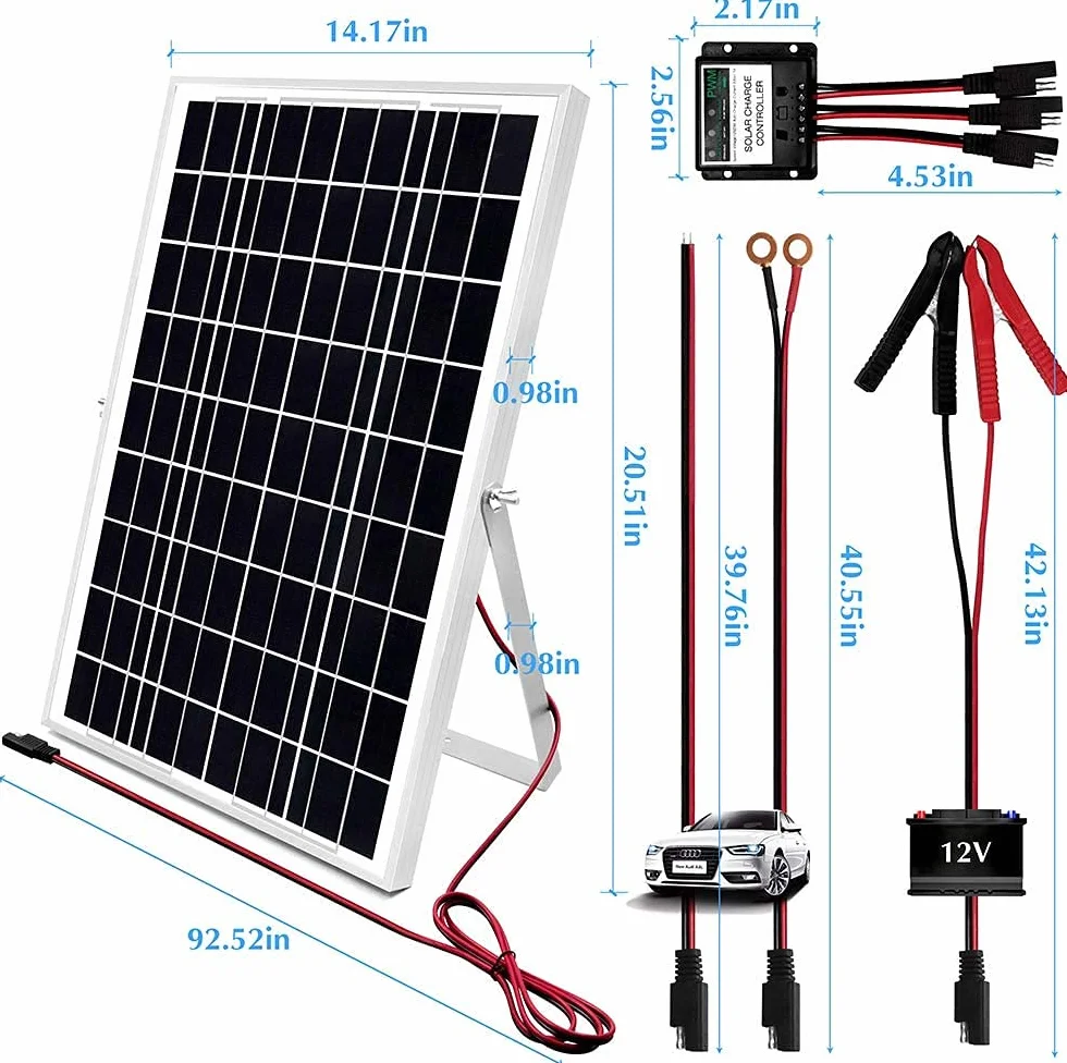 Kit pannello solare da 30 Watt 12 V, caricabatterie a energia solare impermeabile con regolatore di carica e staffe di montaggio regolabili per camper, auto, barca, campeggio, tetto