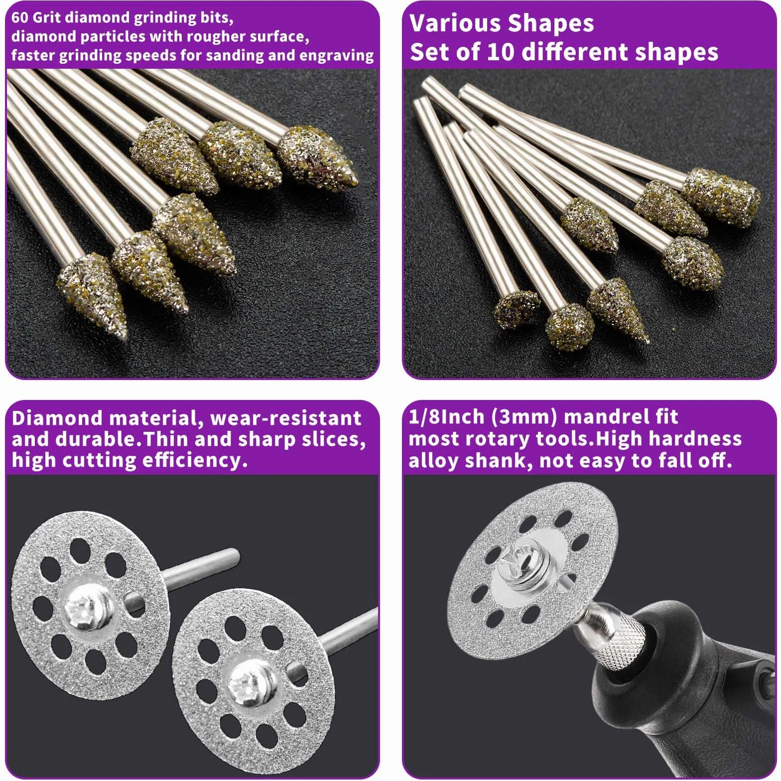 32 Pezzi Frese Diamantate Set con Custodia, Grana 60, con 10 dischi diamantati, set di punte da trapano con gambo da 1/8" (3 mm) per intaglio, lucidatura e taglio di pietra, vetro e ceramica