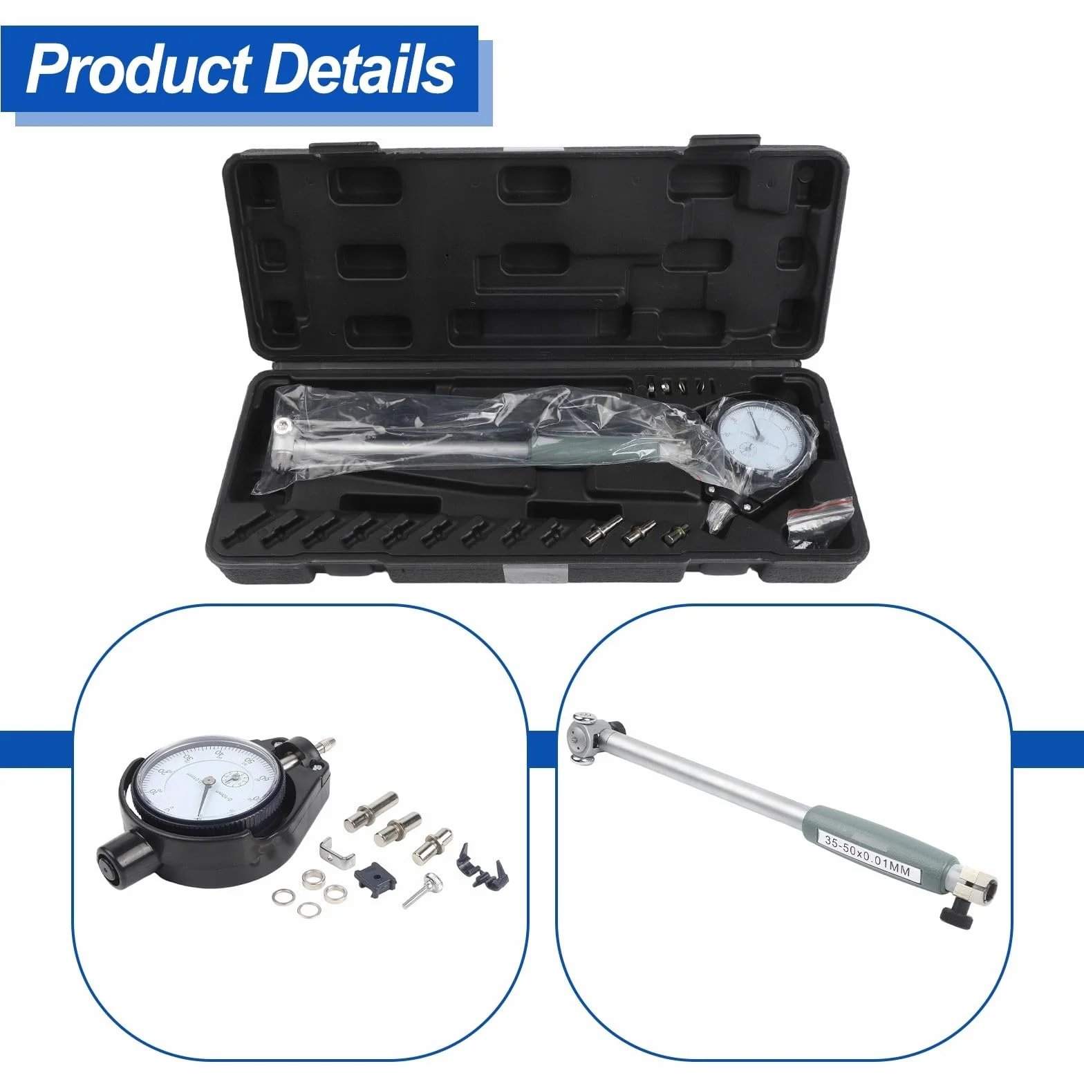 Strumento di misurazione del diametro interno di precisione di 0,01 mm, con kit di 12 sonde in acciaio inossidabile (35-50 mm)