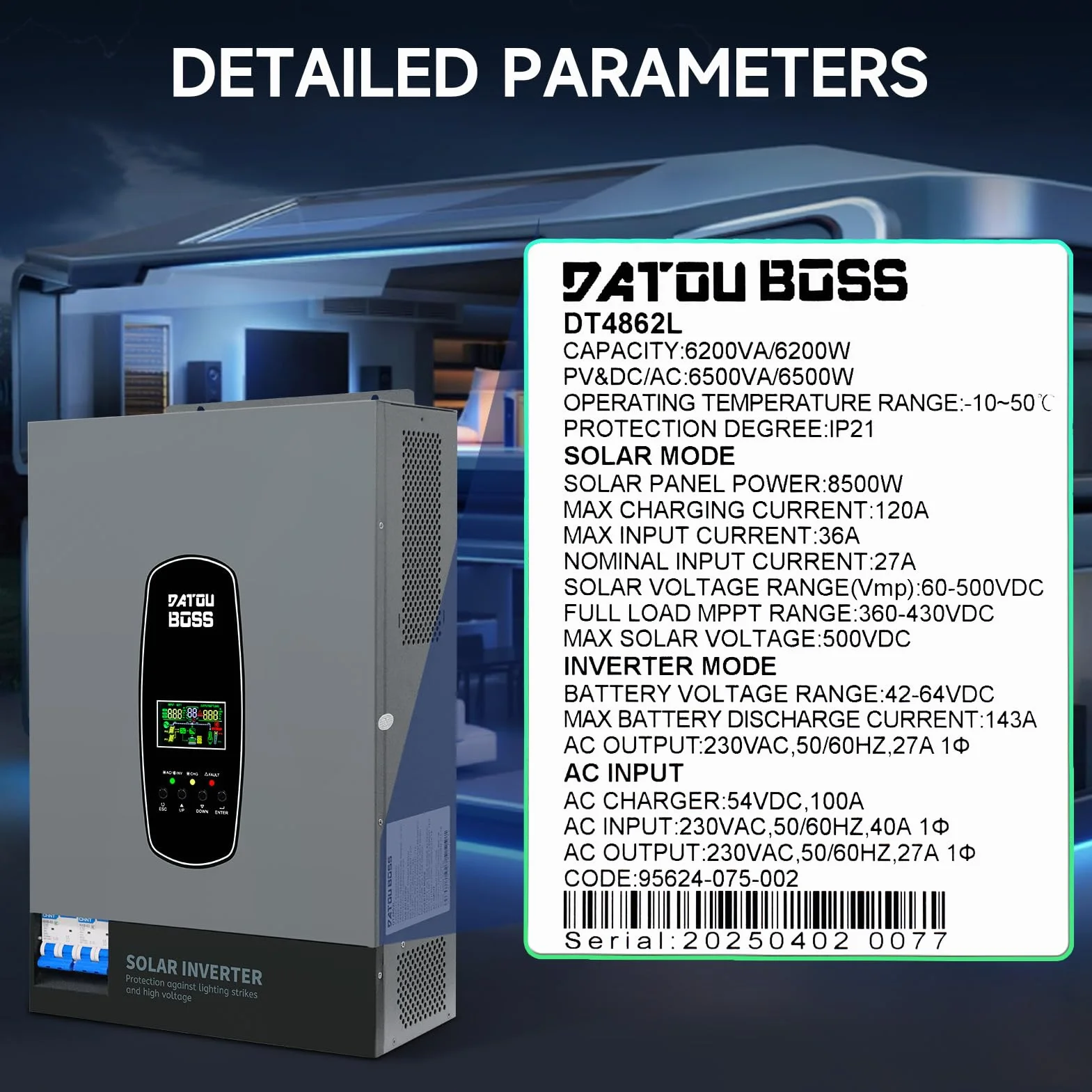 DATOUBOSS Inverter solare ibrido da 6200 W, 48 VDC a 230 V, inverter sinusoidale puro con 120 A, ingresso fotovoltaico da 8500 W, supporta il sistema di protezione BMS, per batterie al litio da 48 V.