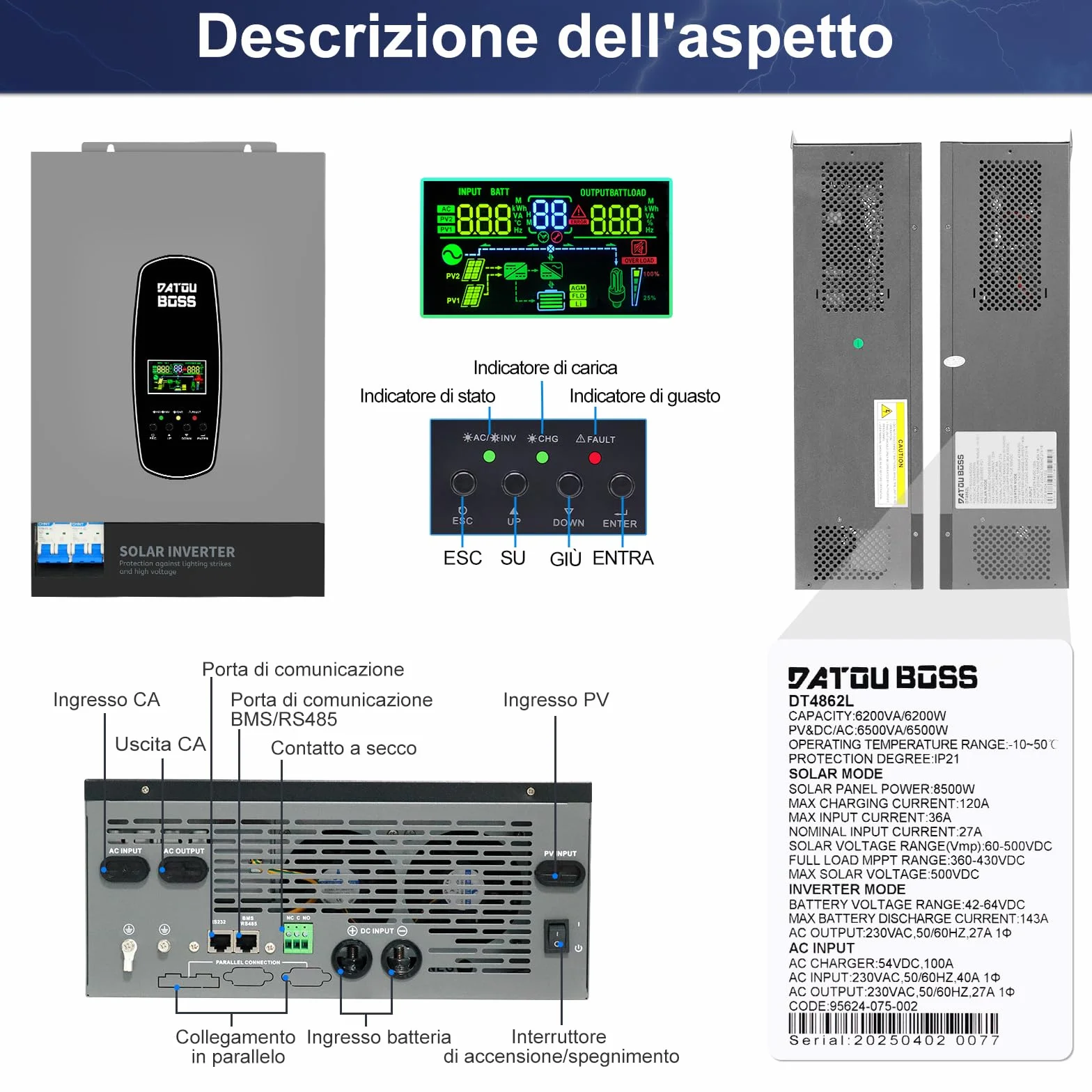DATOUBOSS 6200W Inverter Ibrido Solare 48V, Onda Pura, Array FV fino a 8500W, Potenza Inverter FV 6500W, Protezione da Fulmini, Avvio Senza Batteria, MPPT Integrato 120A, per Sistemi Off-Grid