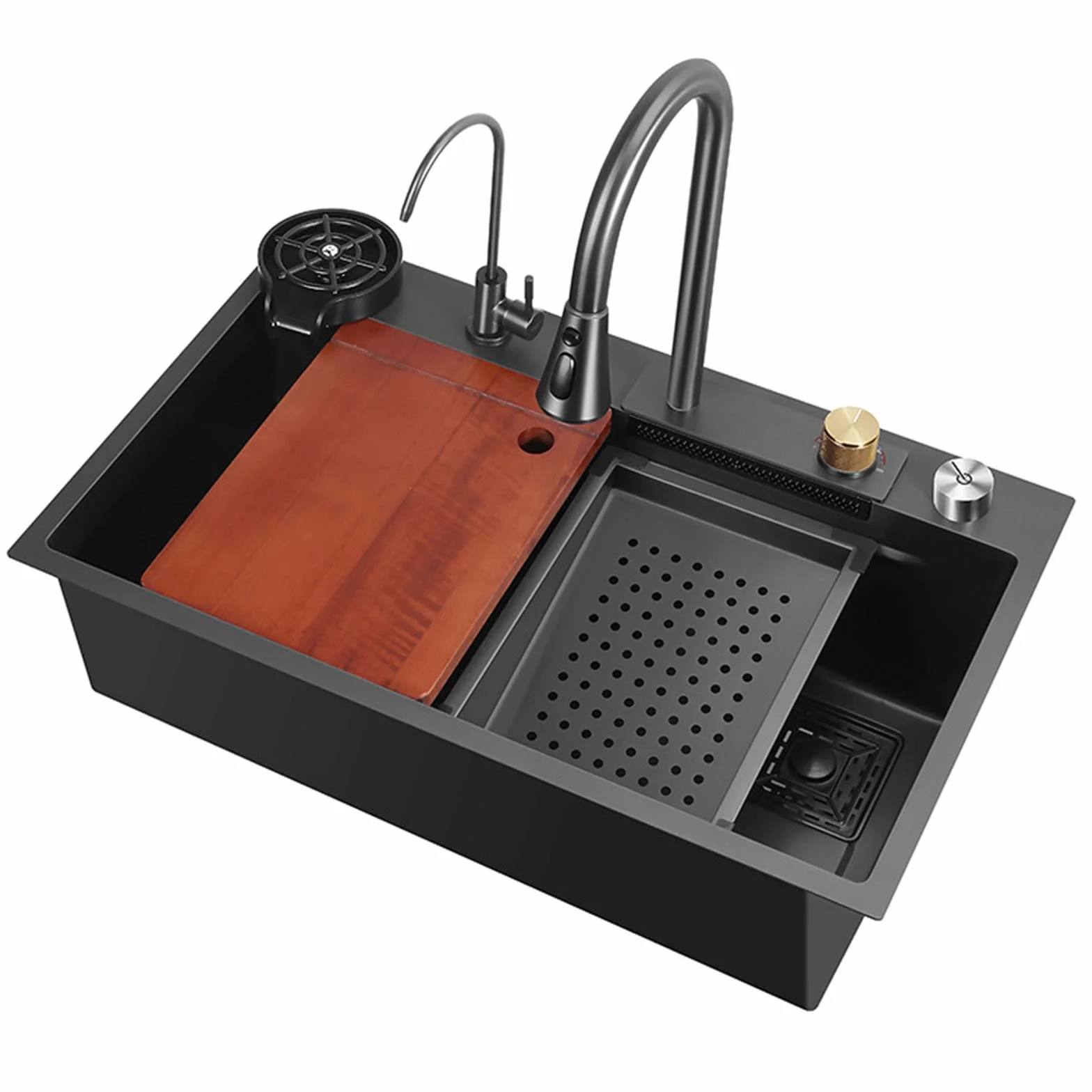 Lavello da cucina, 304 in acciaio inox fatto a mano a nido d'ape in rilievo lavastoviglie, controllo da tavolo volare cascata lavello pioggia. (Color : Black, S : 80 * 45 * 22cm)