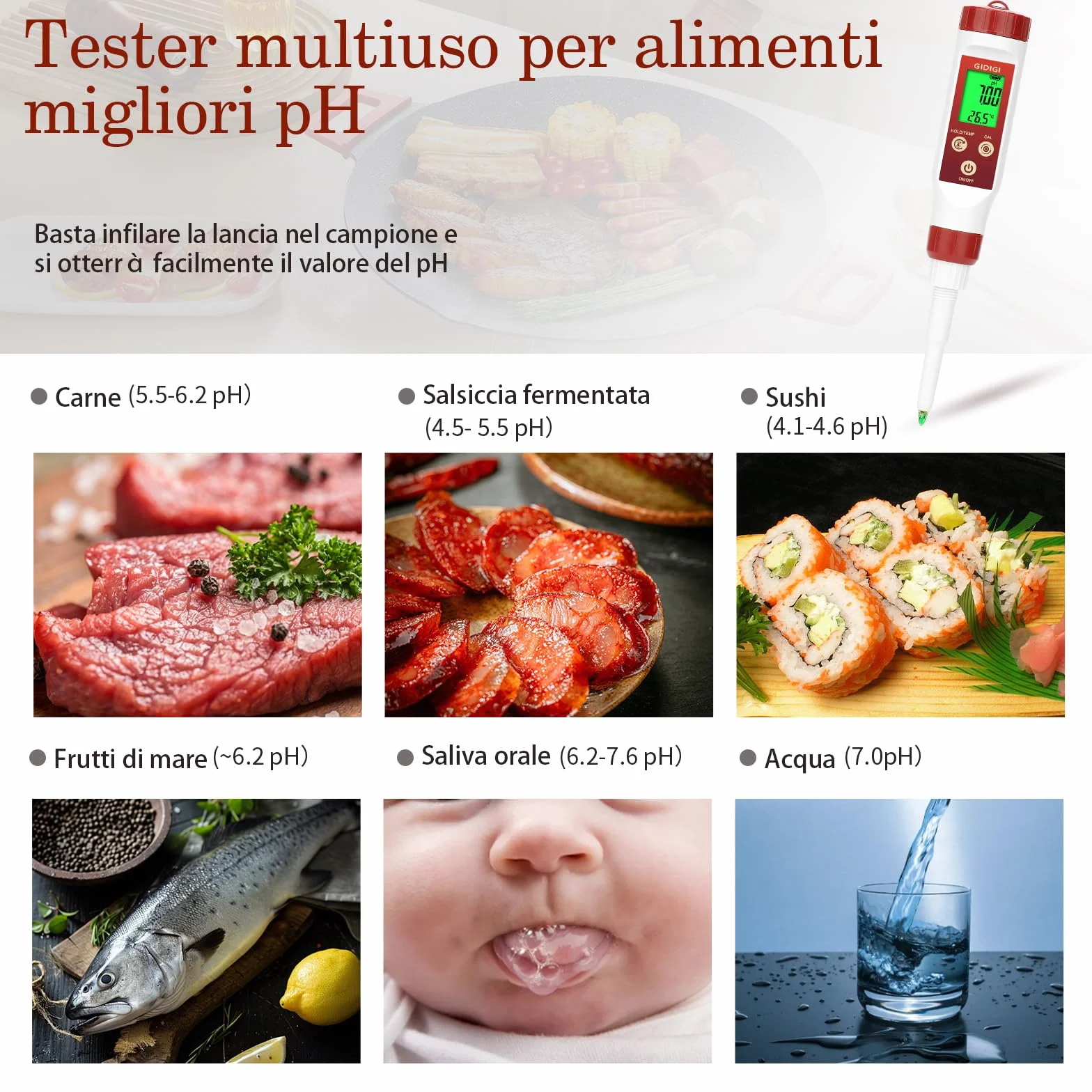 Tester di pH per alimenti GIDIGI, sonda di pH per pasta madre e pane, misuratore di pH professionale per fermentazione, formaggio, carne, inscatolamento, sonda di pH a lancia per semisolidi, acqua