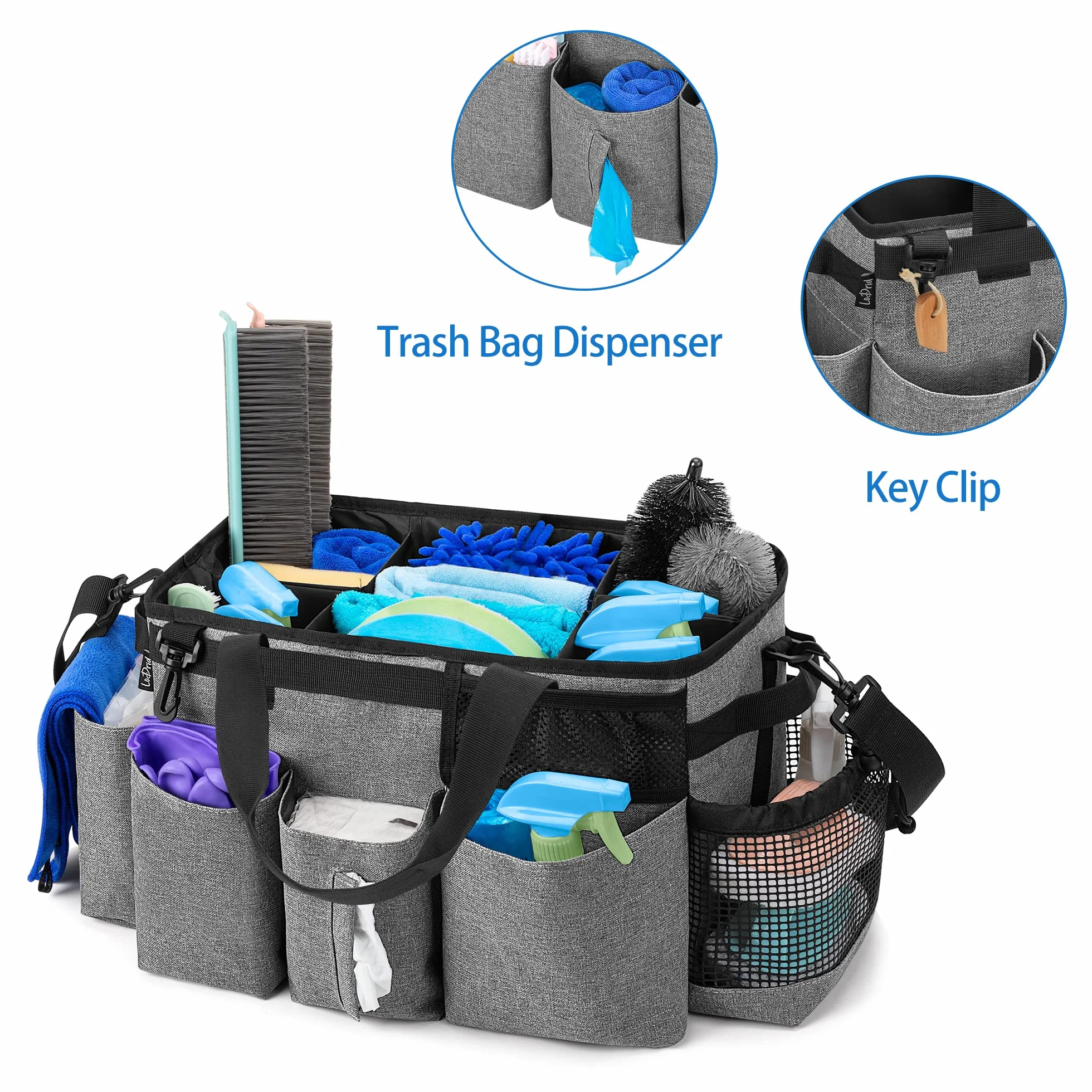 LoDridTote Borsa per la pulizia con 4 divisori pieghevoli, organizer portatile per prodotti per la pulizia con manici laterali e tracolla, Grigio, Solo Borsa