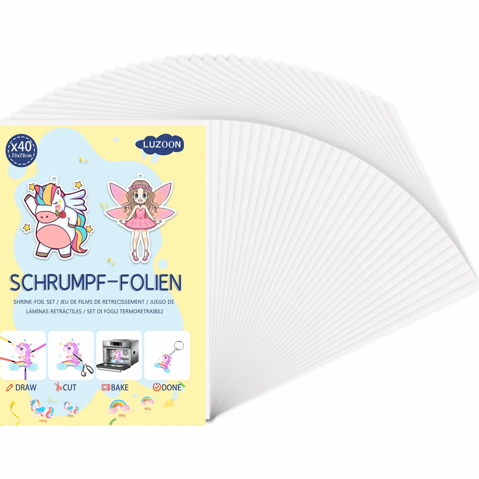 LUZOON 40 Fogli Plastica Termoretraibile A4 di Plastica Termoretraibile Traslucido Carta Termoretraibile Spessore 0,3 mm, dimensioni 20 x 29 cm (40 Pezzi-A4)