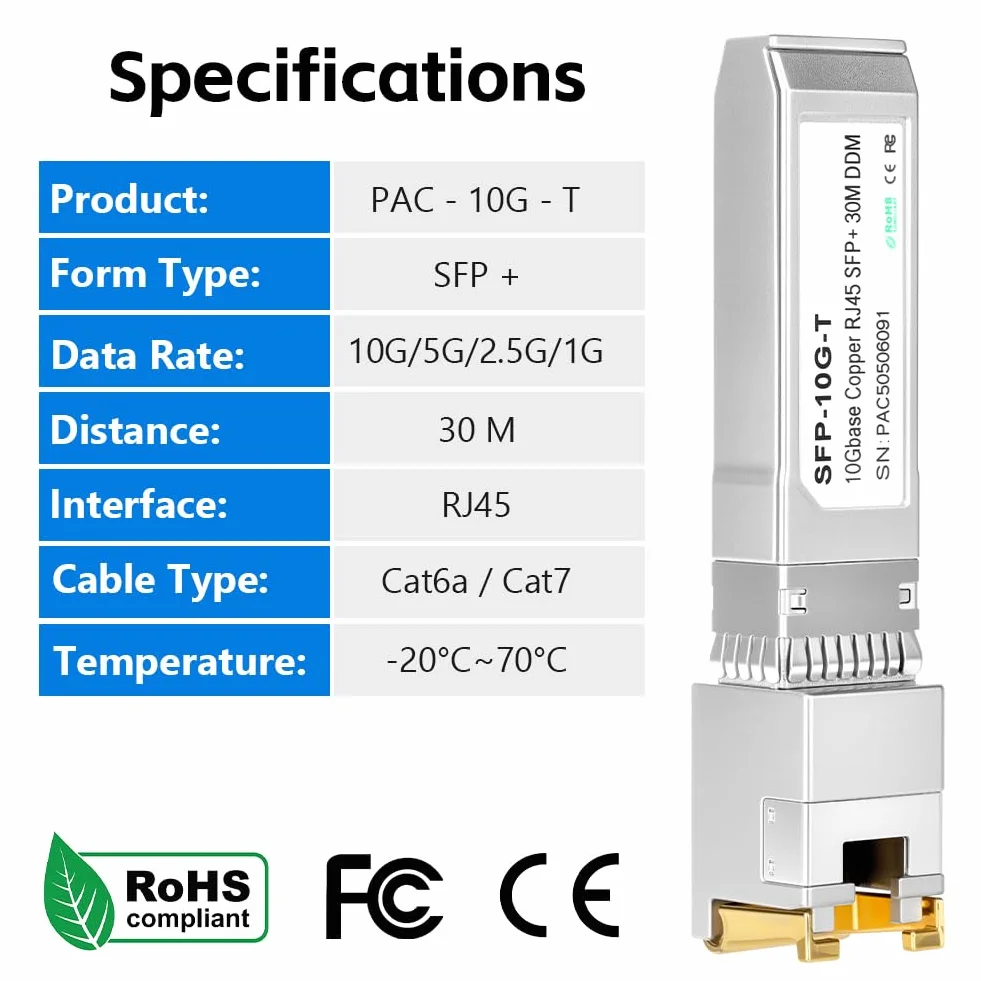 Modulo SFP+ 10GBase-T RJ45 30m Copper Transceiver Compatibile Cisco Ubiquiti Mikrotik Netgear TP-Link