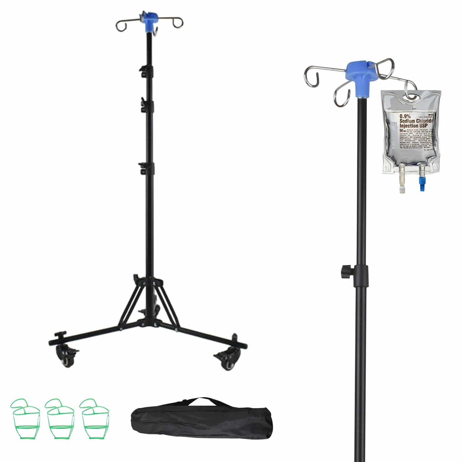 Asta per Flebo,Supporto per Infusione con Ruote,con 4 Ganci e 3 Ruote Rimovibili,Portaflebo Portatile,Altezza Regolabile,per ospedale e Casa, Acciaio Inossidabile