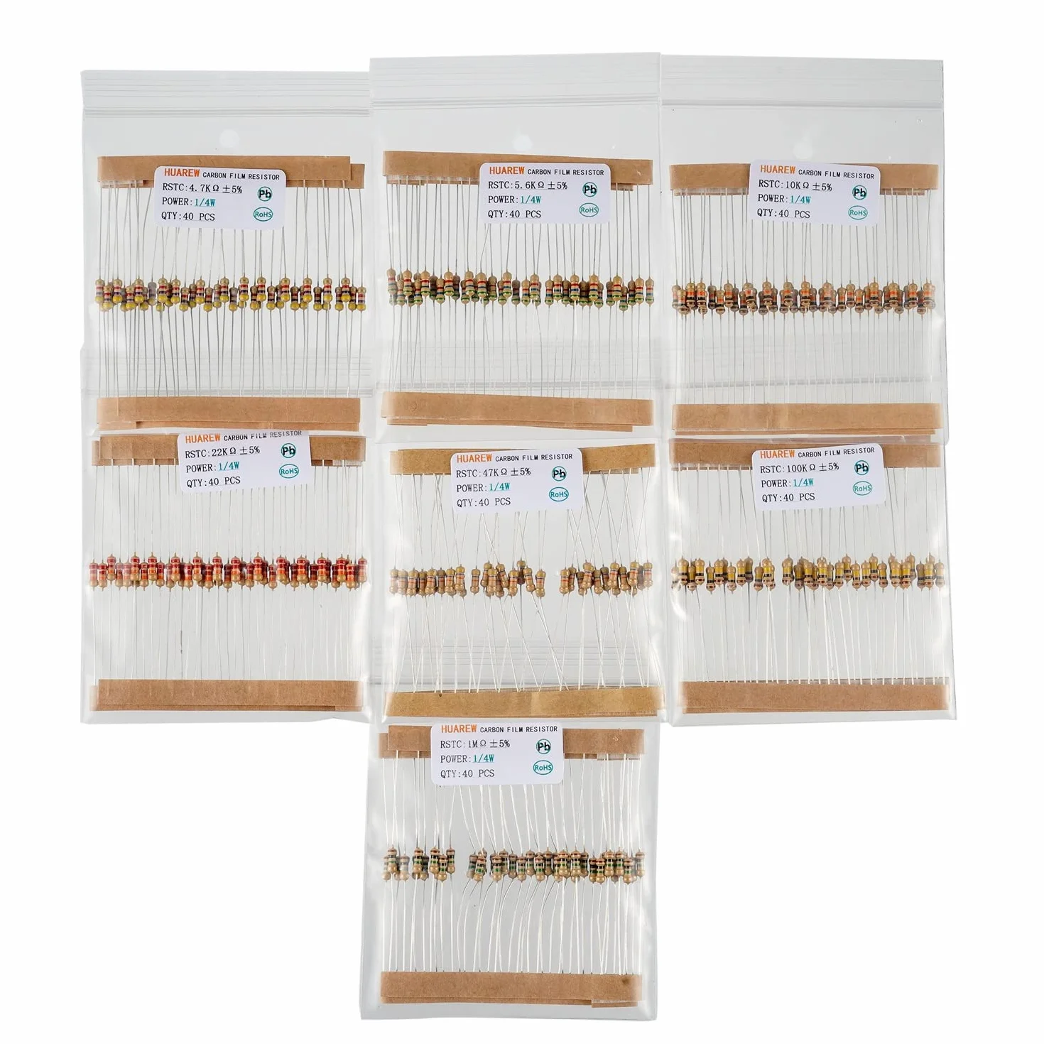 Zestaw 1000 sztuk rezystorów węglowych 1/4W 1 Ohm-1M Ohm 5% 25 wartości
